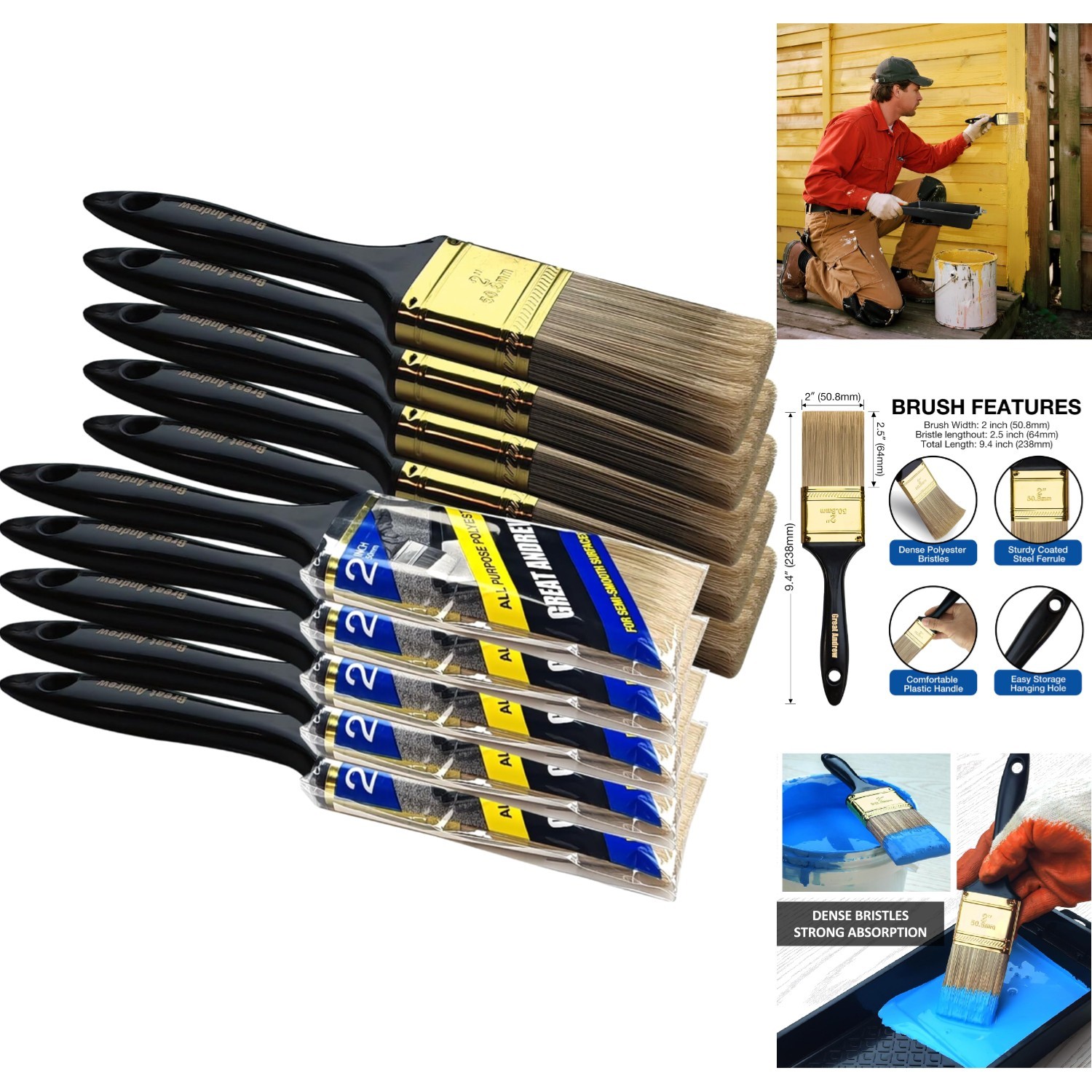 10 Pcs 2 Inch Flat Paint Brushes Bulk Set for Wall Trim Deck Stain & Furniture