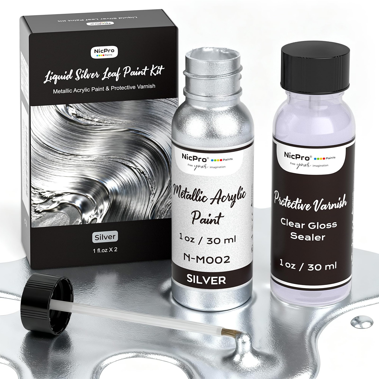 Liquid Silver Leaf Paint Kit (2 × 1oz/30ml), Metallic Silver Acrylic Paint