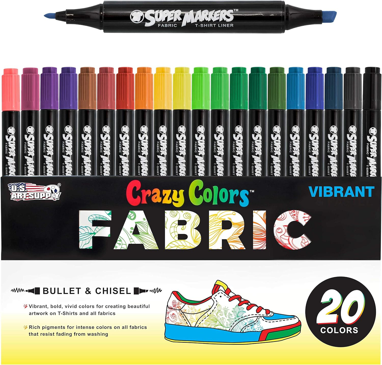 Super Markers 20 Vibrant Dual Tip Fabric Markers – Fine & Chisel Point Pens Fabr