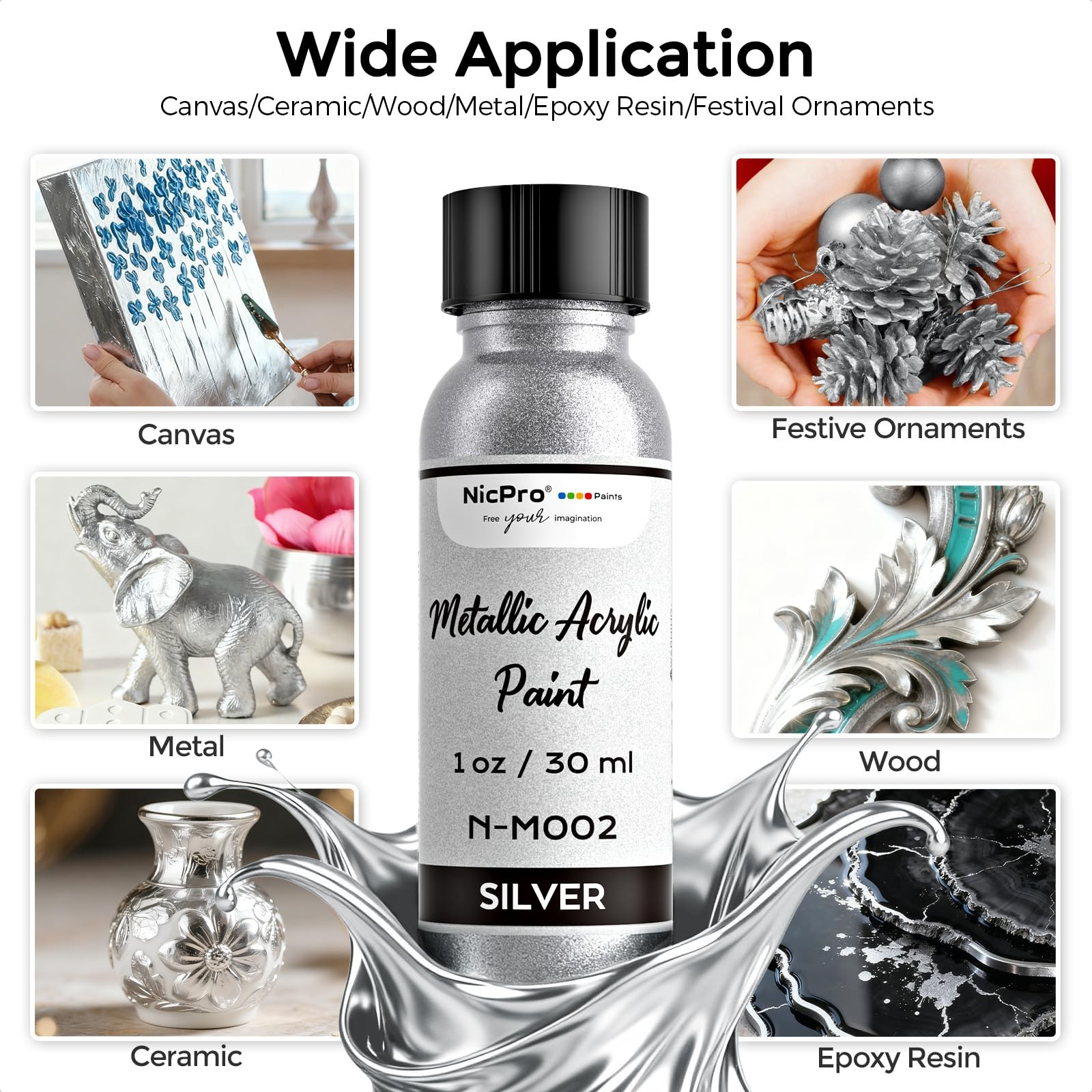 Liquid Silver Leaf Paint Kit (2 × 1oz/30ml), Metallic Silver Acrylic Paint