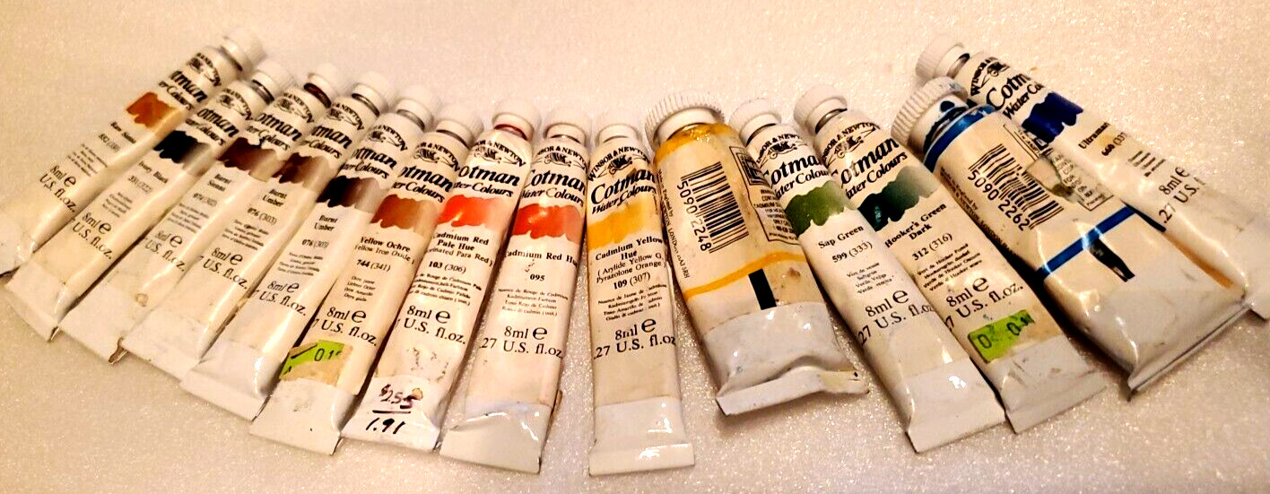 14 Winsor Newton COTMAN WATERCOLOR & ARTIST’S WATERCOLOUR tubes, None hard