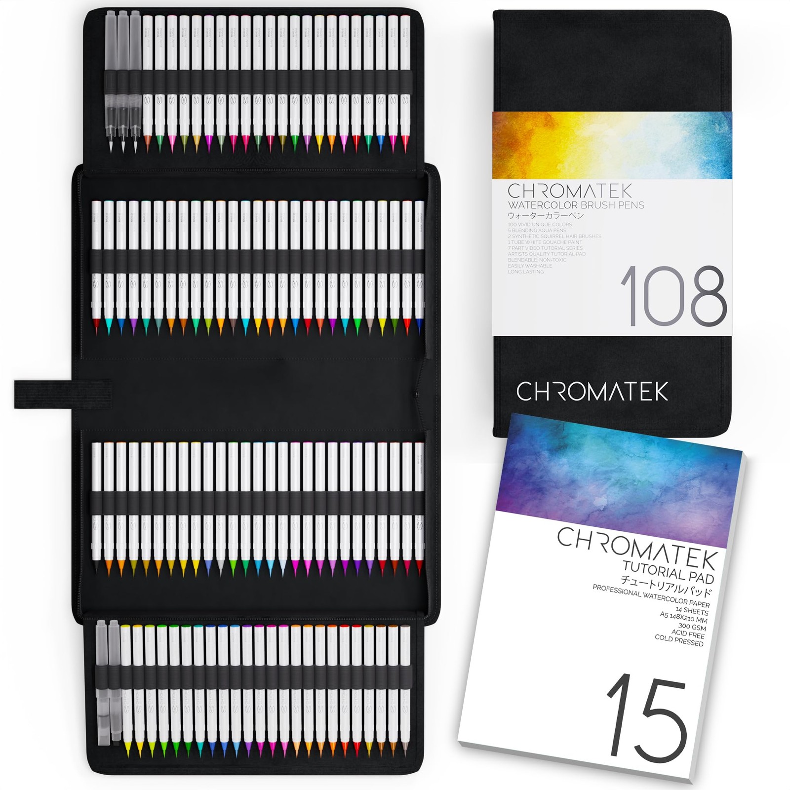 Watercolor Pens Set 108 Colors Brush Blendable CHROMATEK Including Page Online
