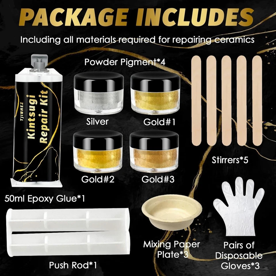Kintsugi Repair Kit Food Safe Gold & Silver Kintsugi Kit for Broken Ceramics G
