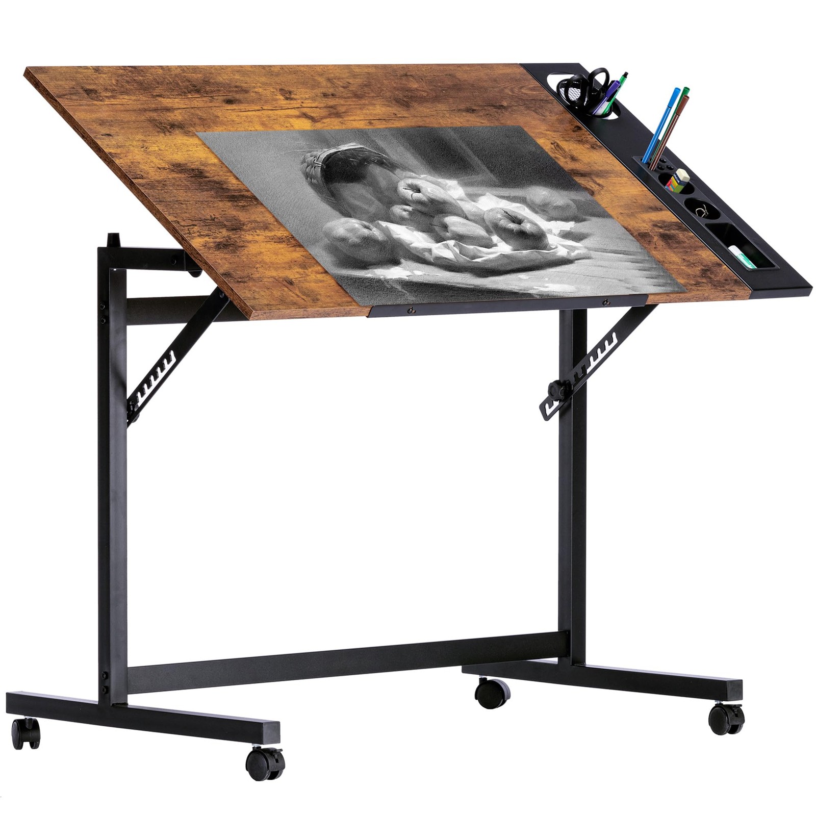 Vecelo Vintage Drawing Drafting Table Adjustable Tilting Top Art Desk Craft
