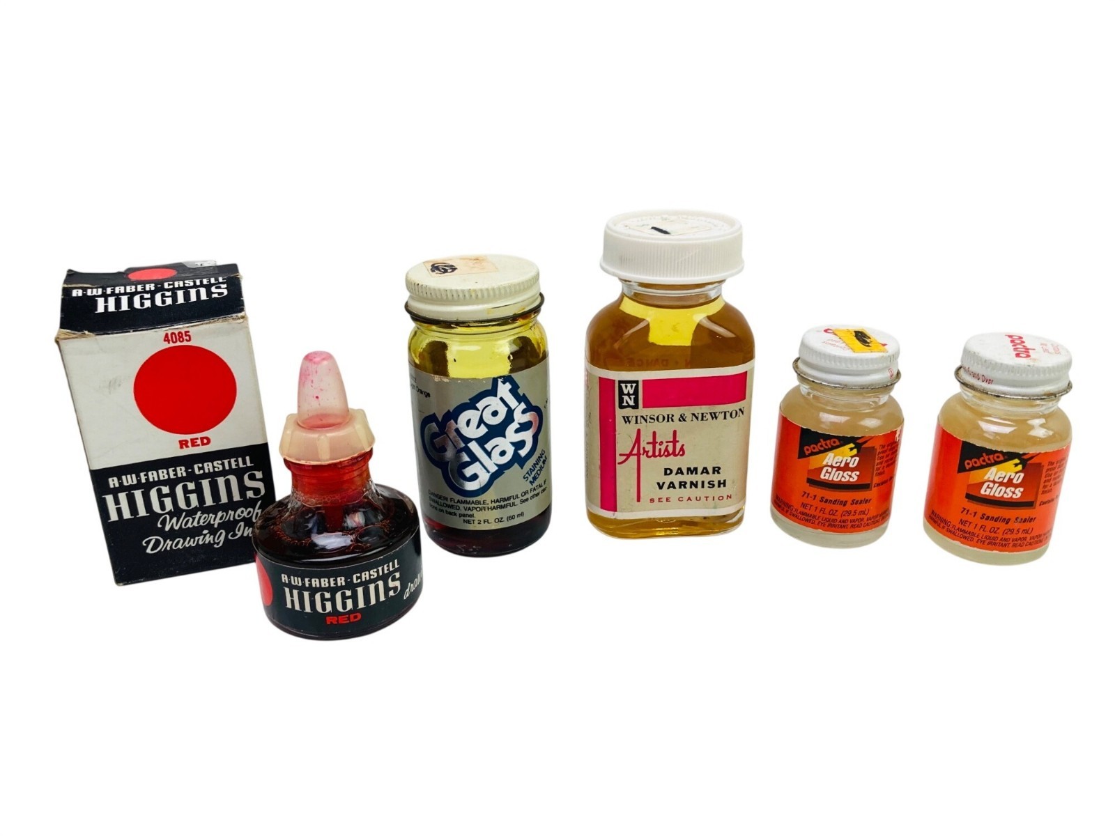 Vintage Lot Various Crafting Supplies Drawing Ink Damar Varnish Sanding Sealer