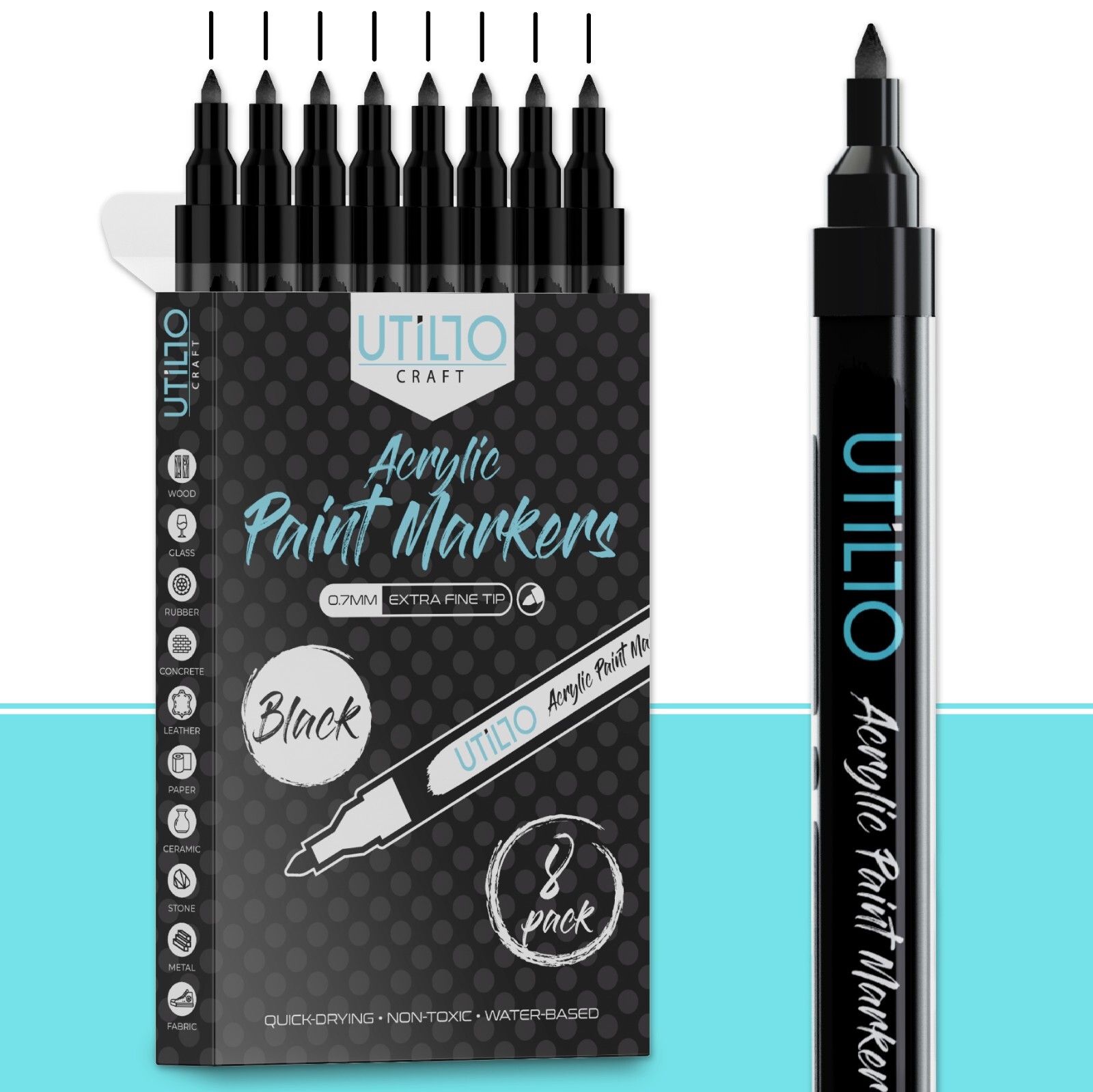8-Pack Black Acrylic Paint Markers – Extra Fine Tip 0.7mm by Utillo Craft