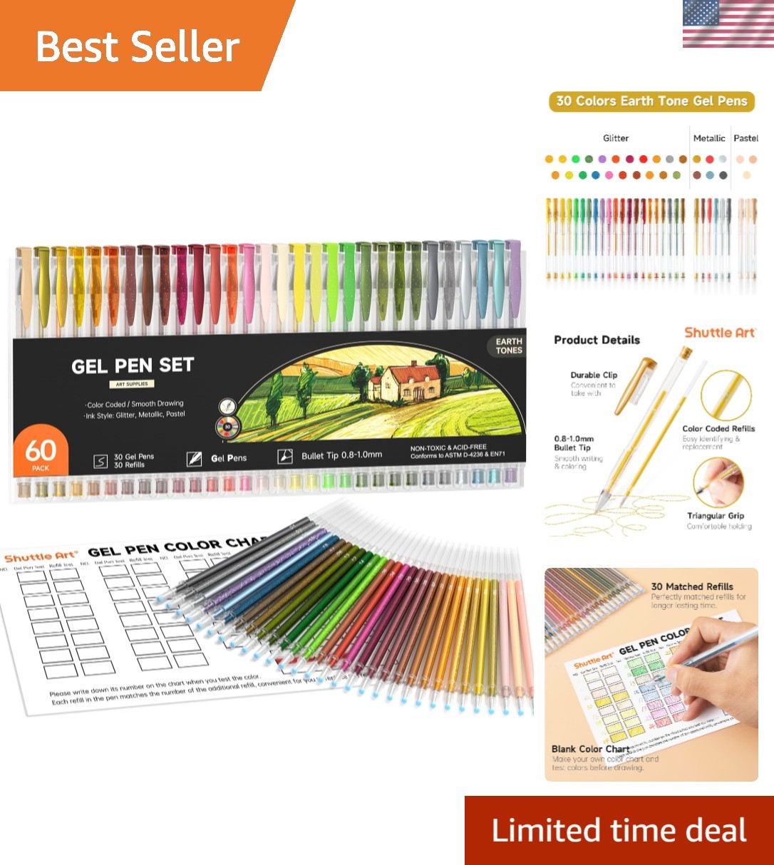 Creative 60 Count Earth Tone Gel Pens – Non-Toxic & Smooth Writing Experience
