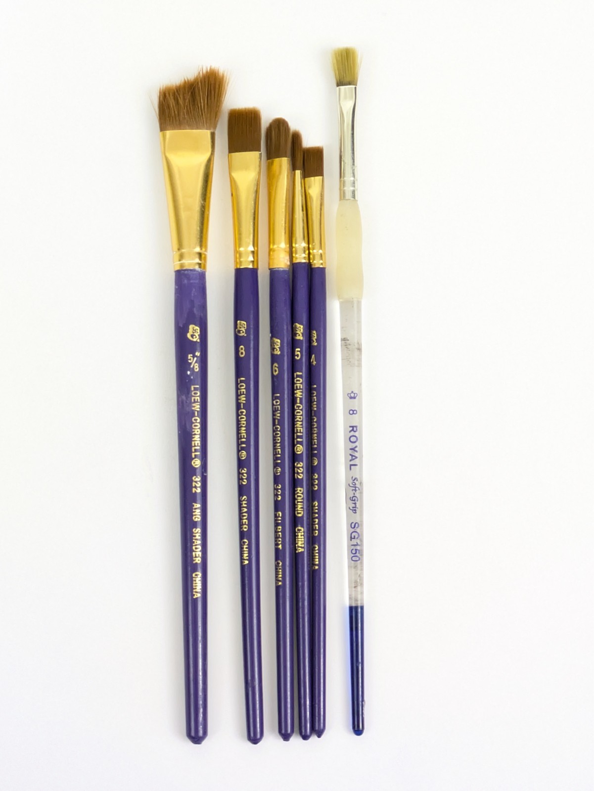 Loew-Cornell 322 Artist Brushes Lot of 5 + Royal Soft-Grip SG150 Shader Round