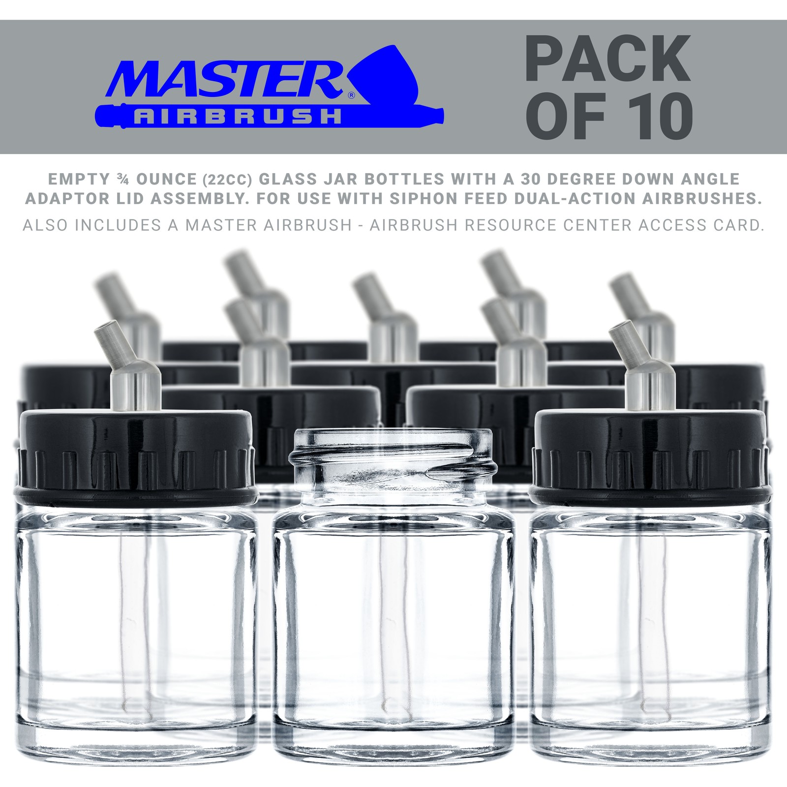 10pk Airbrush 3/4oz Glass Jar Bottles 30° Angle Adaptor Lid Assembly Dual-Action
