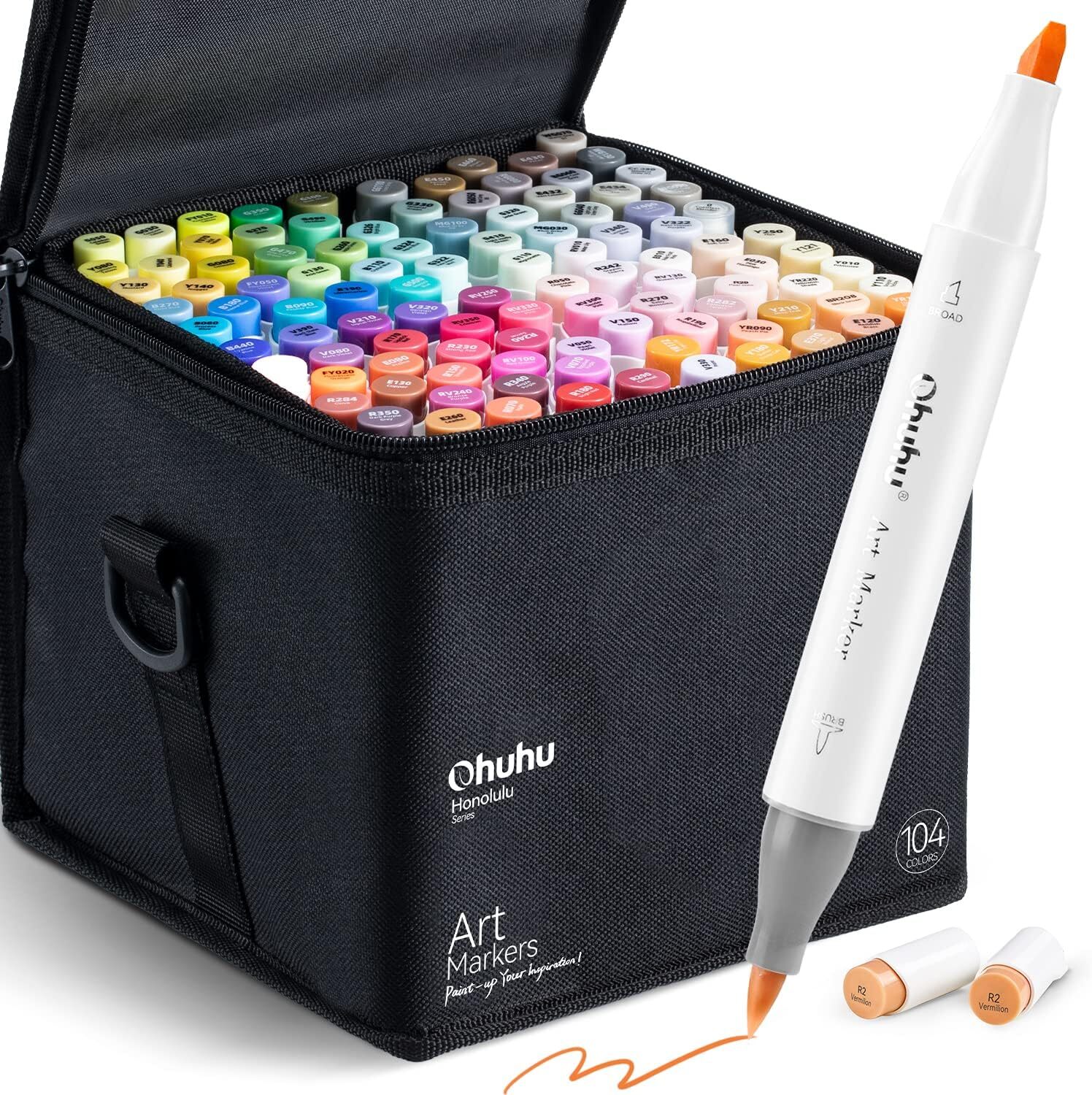 Ohuhu Alcohol Markers 104-color Double Tipped Brush & Chisel- Refillable Markers