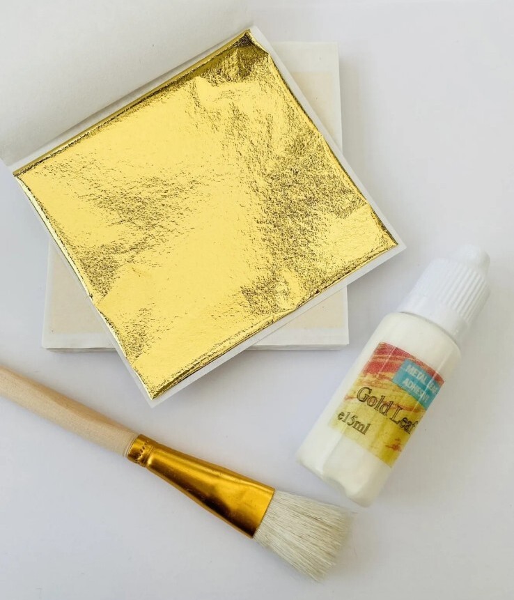 Gold Leaf Craft Pack Kit – 50 Sheets 8x8cm Gold Leaf, 30ml Adhesive & 2 Brushes