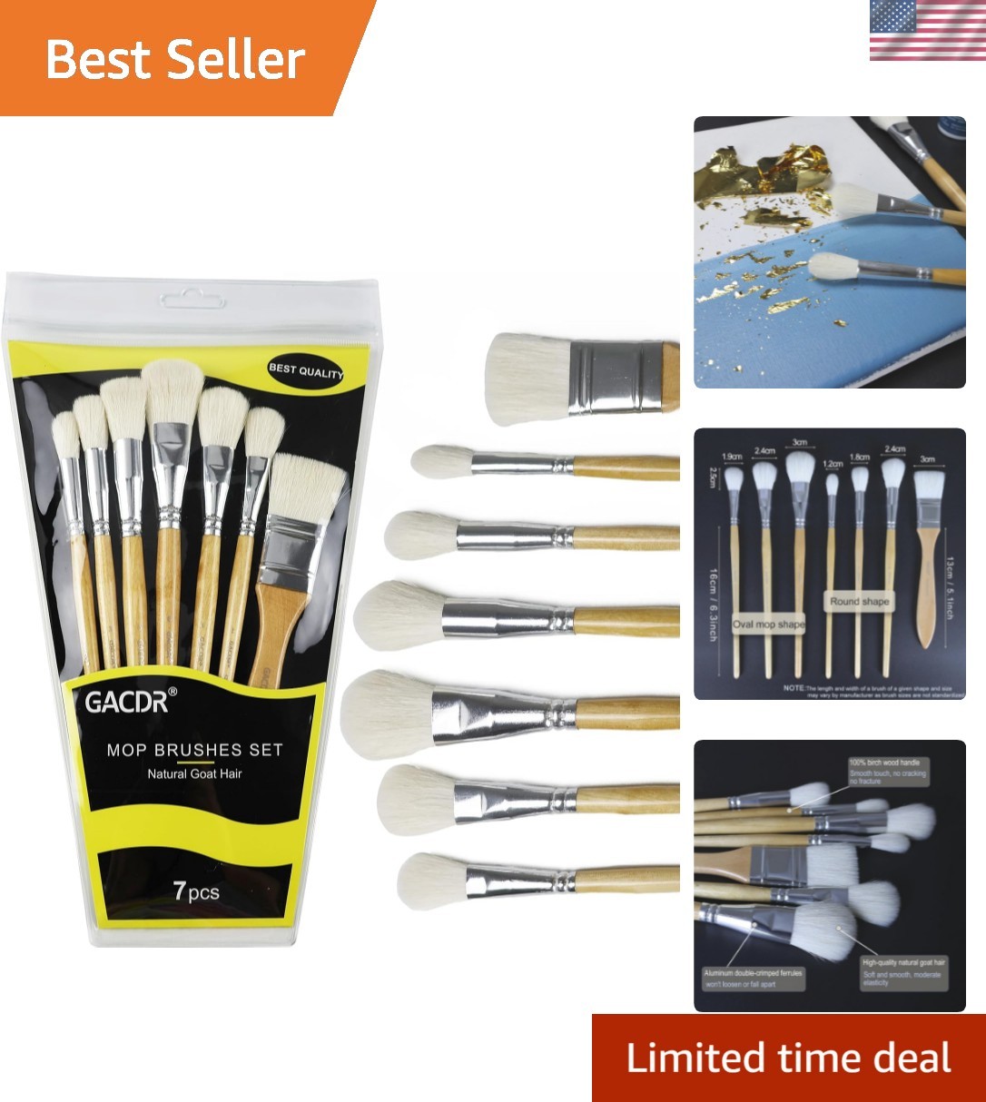 Gilding Brush Set, 7 Pieces Versatile Goat Hair Blending Mop Brushes for Acry…