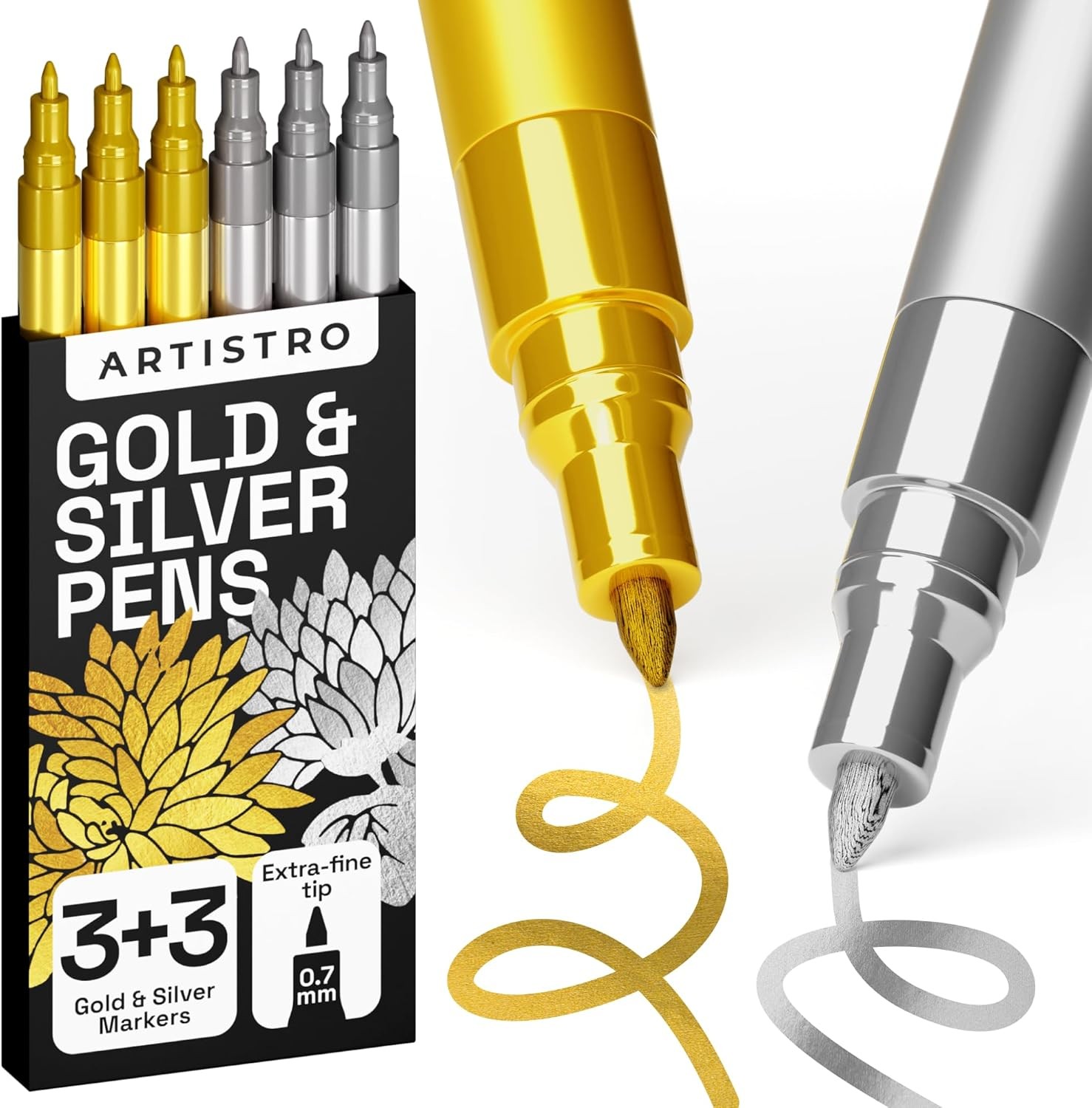 ARTISTRO 6 Gold & Silver Metallic Acrylic Paint Pens – 0.7mm Extra Fine Tip Pa