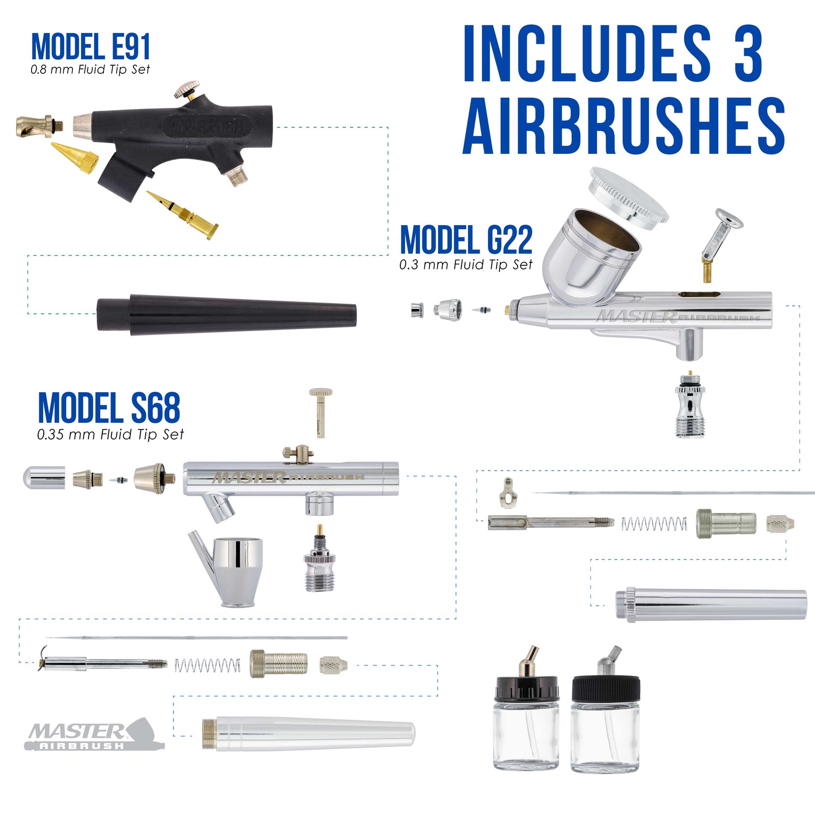 3 Master Airbrush Air Compressor Holder Kit, Hobby, Auto, Cake, Tattoo Art Paint