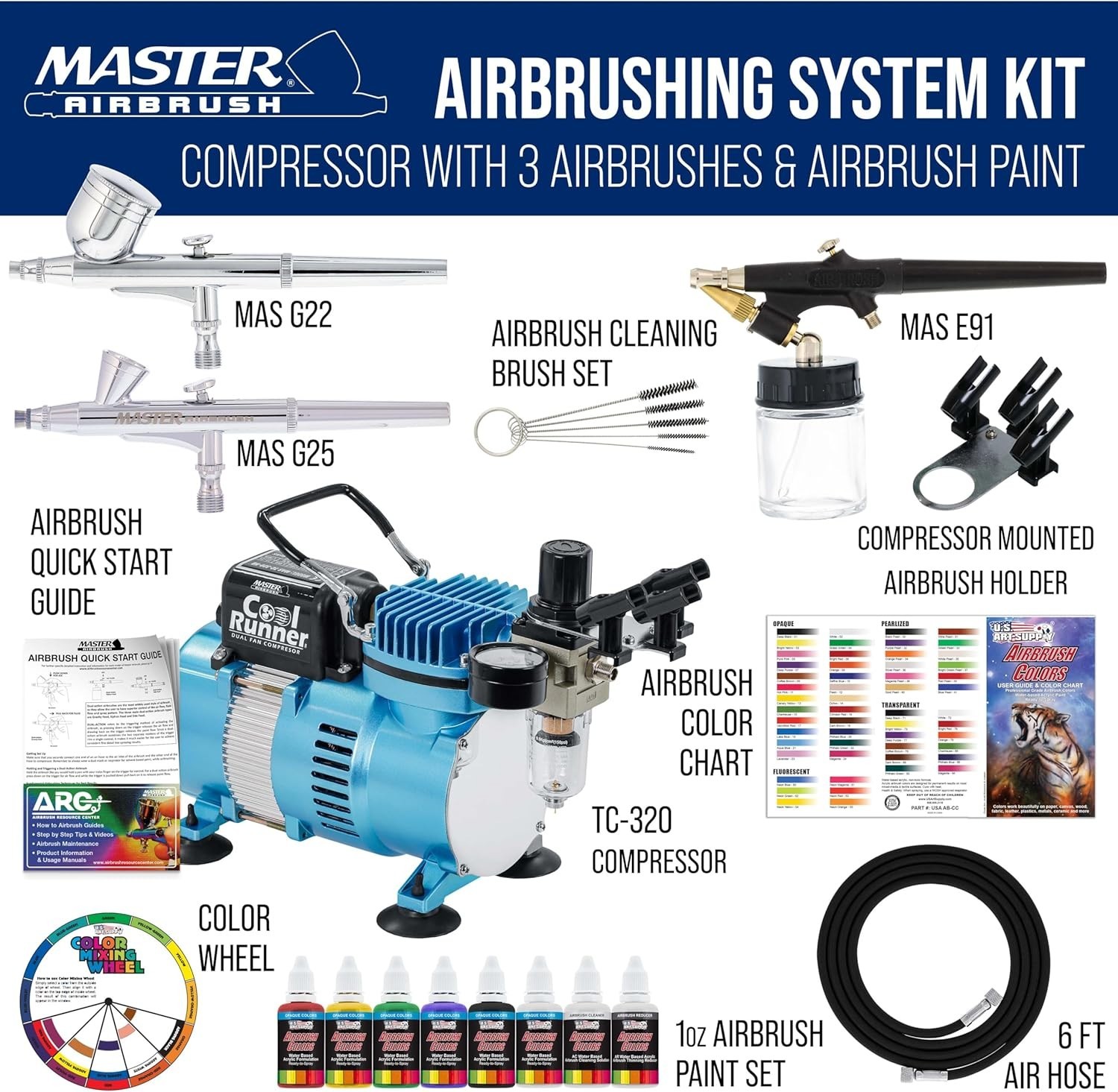 Cool Runner II Air Brush System: Dual Fan Compressor with 6 Acrylic Colors & Kit