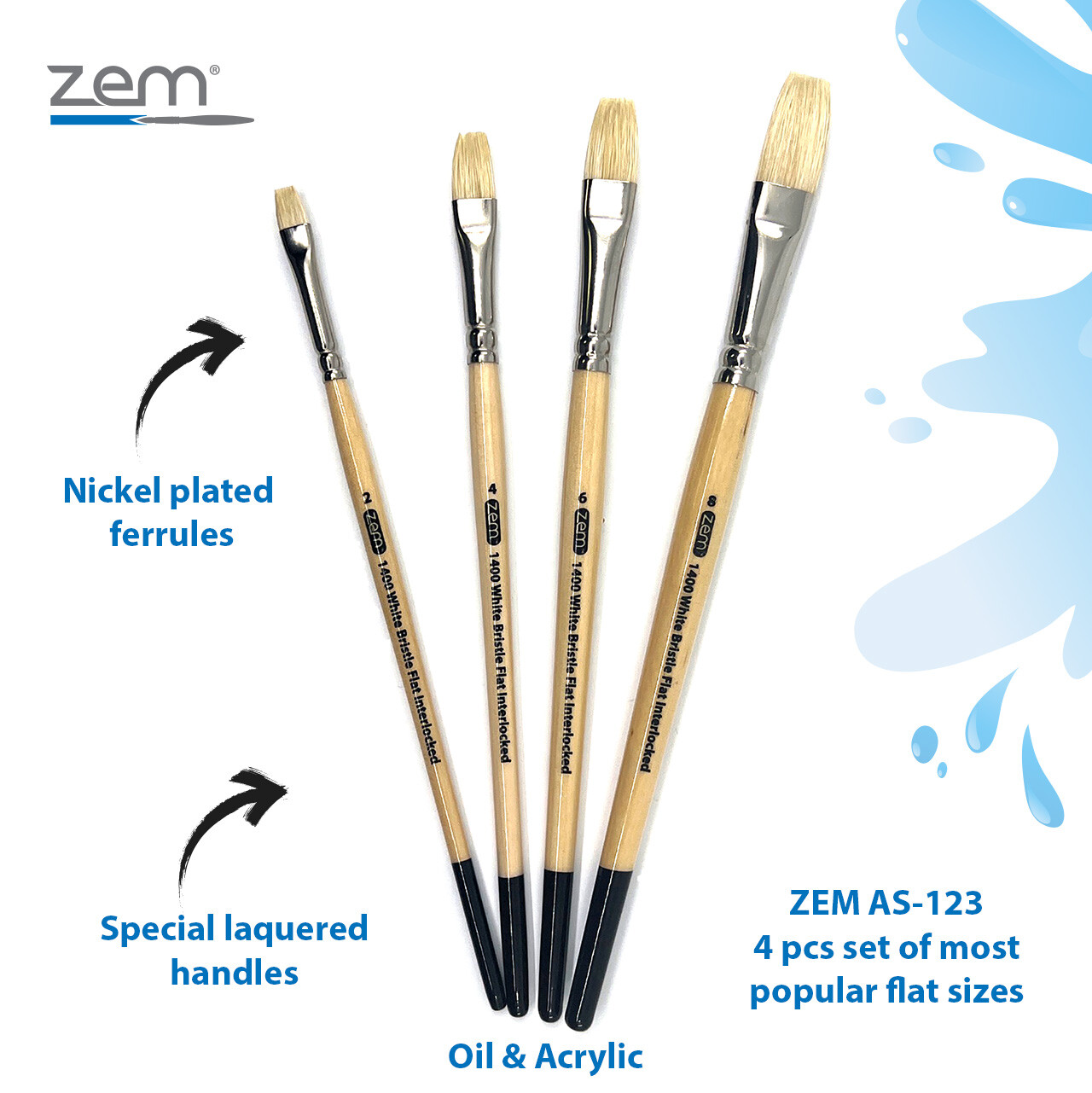 AS-123 White Hog Bristle Flats Brush Set 4 pcs
