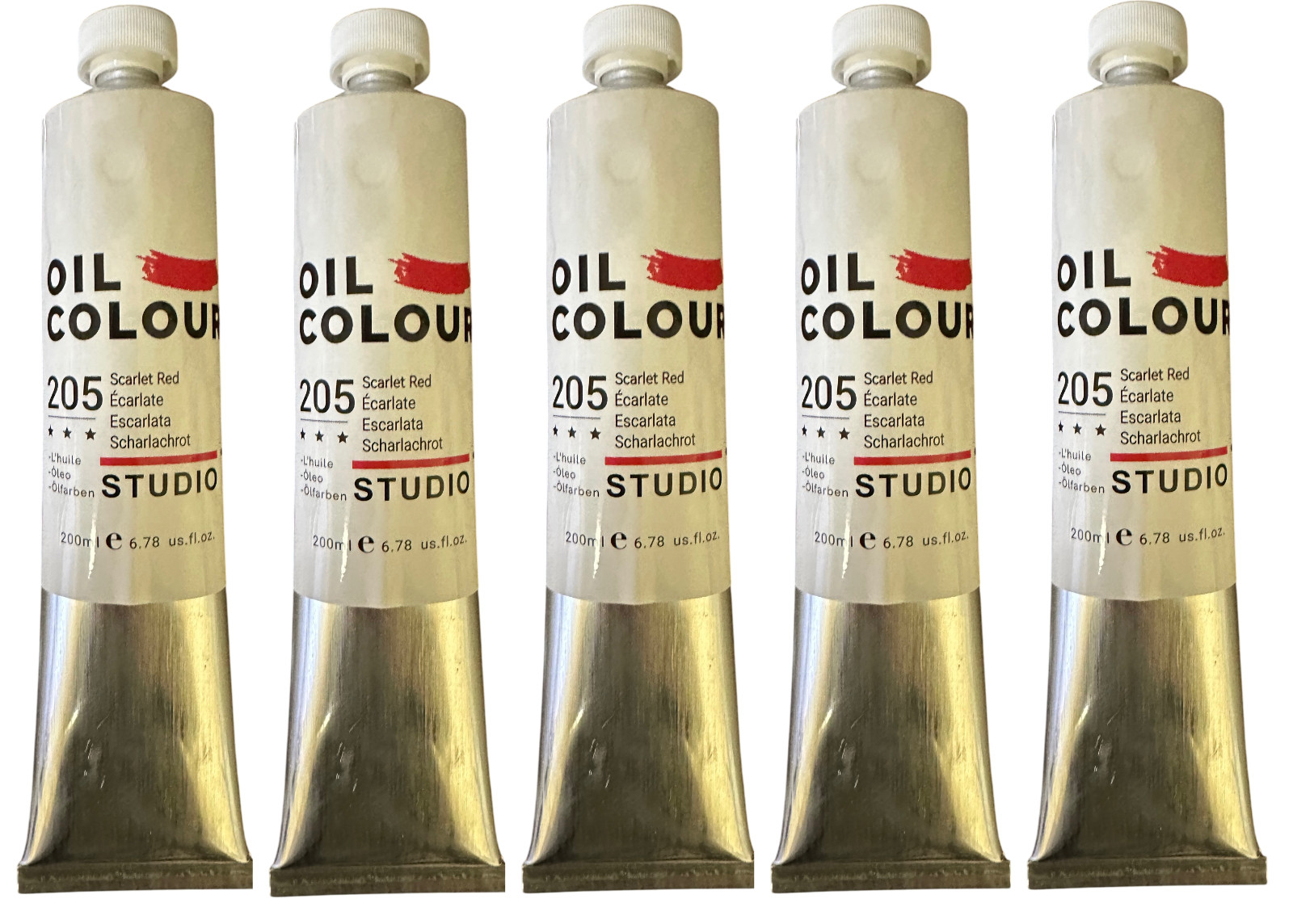 5 Pack of Scarlet Red Oil Paint, Color 205 Artist Quality Size 200 ml Tube
