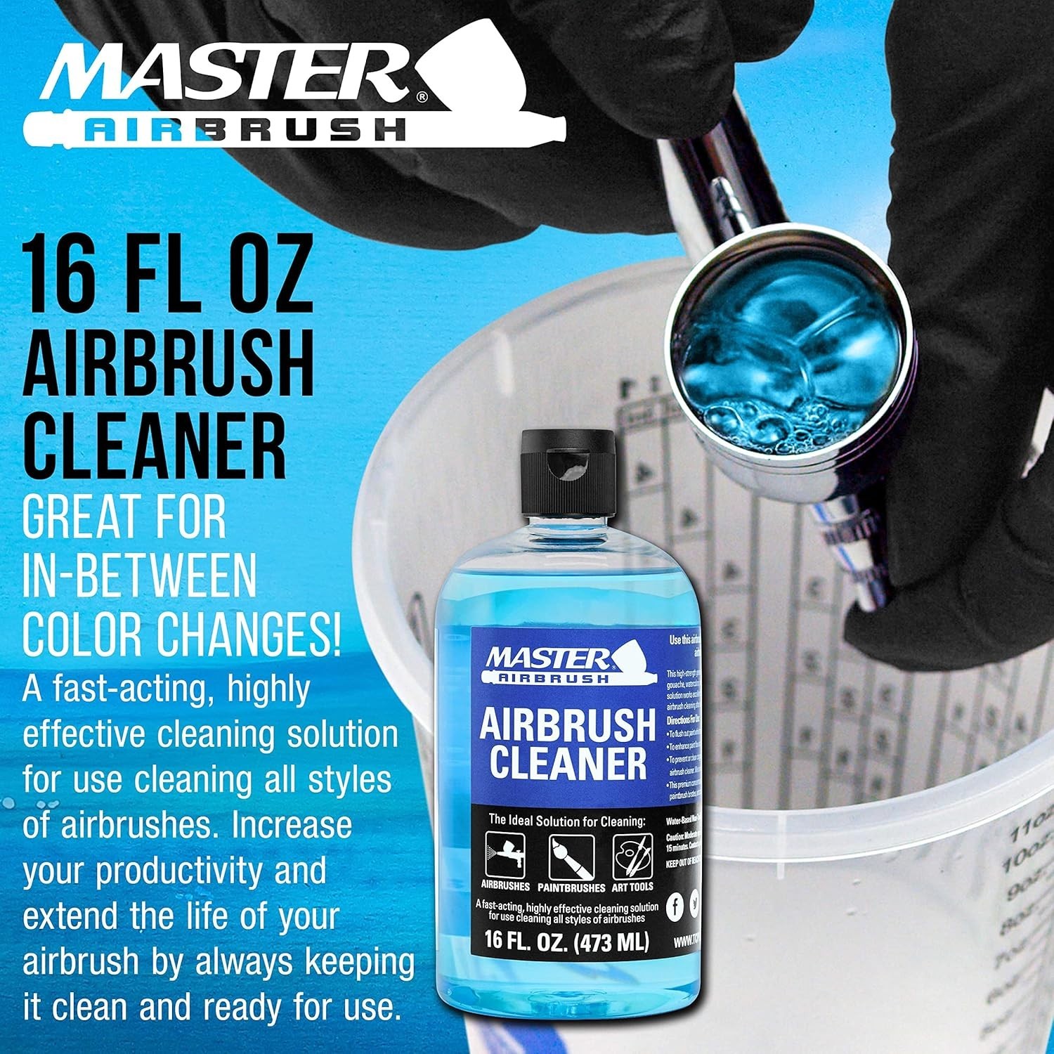 Master Airbrush Cleaner, 16-Ounce Pint Bottle – Fast Acting Cleaning Solution, Q