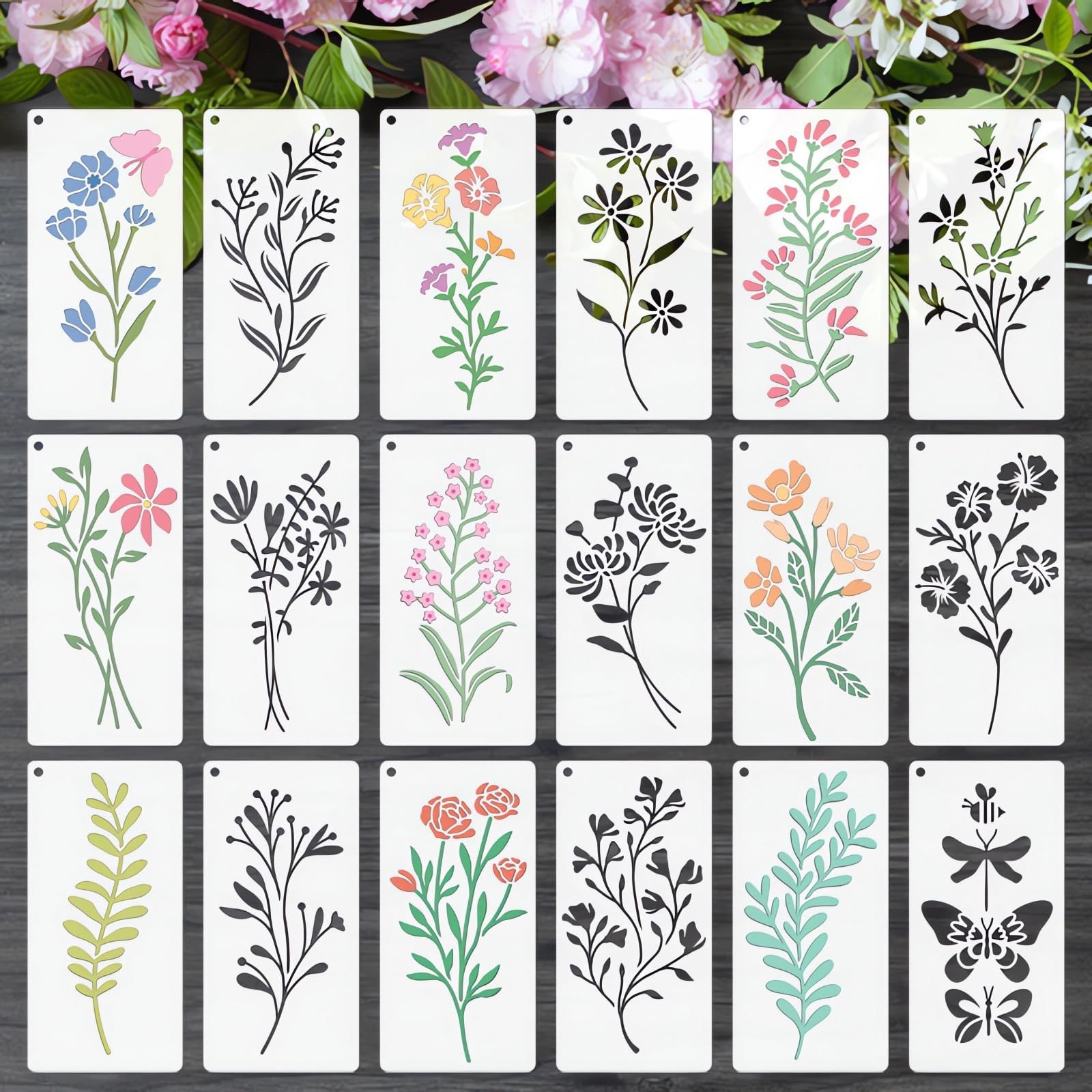 18 Pcs Flower Stencils for Painting on Wood, 6x3in Botanical Stencils Floral …