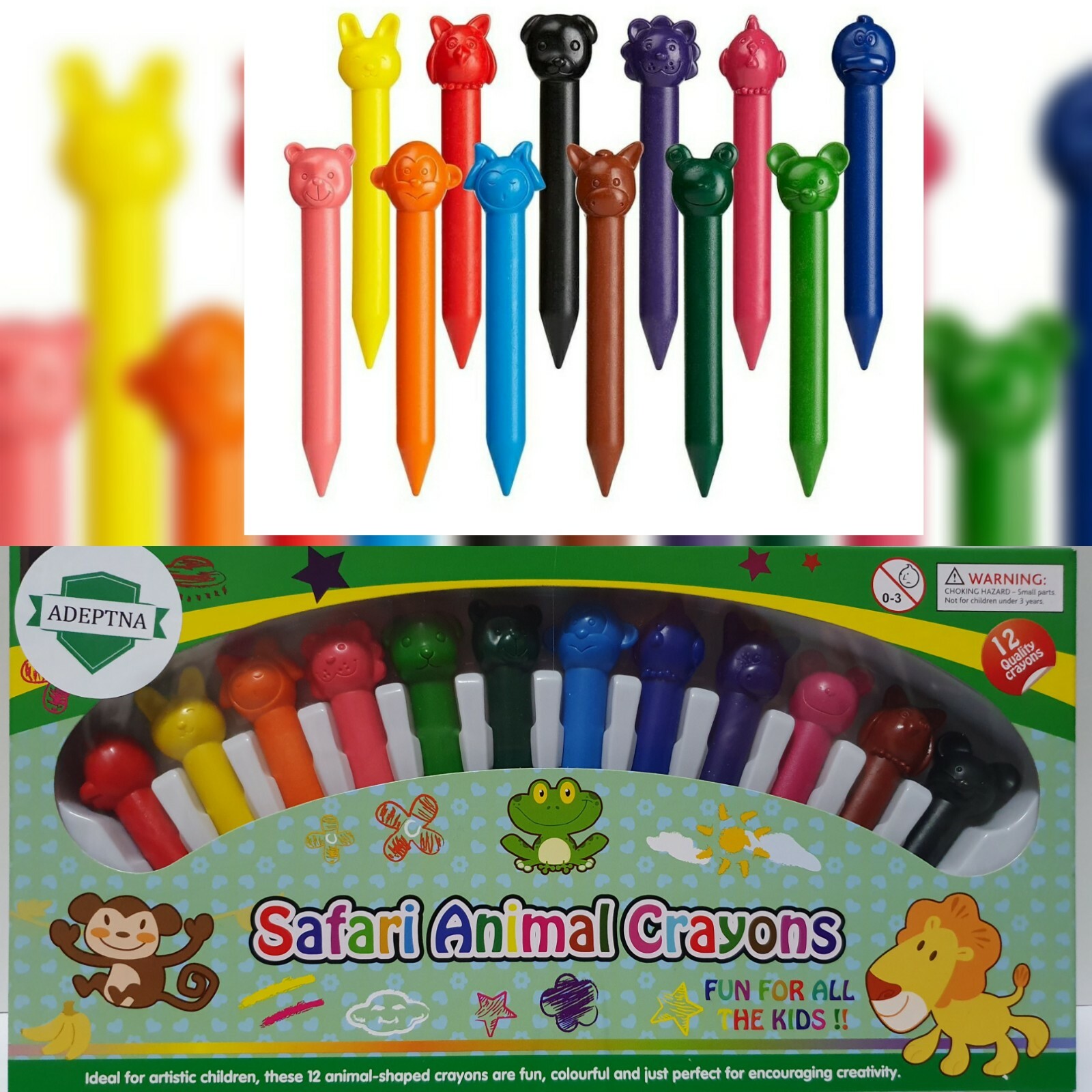 PACK OF 12 COLOURFUL ANIMAL CRAYONS FUN FOR ALL THE KIDS CHILD TODDLERS ARTISTIC
