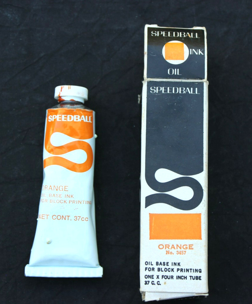 VINTAGE SPEEDBALL ORANGE NO. 3457 OIL BASE INK FOR BLOCK PRINTING 4″ TUBE 37cc