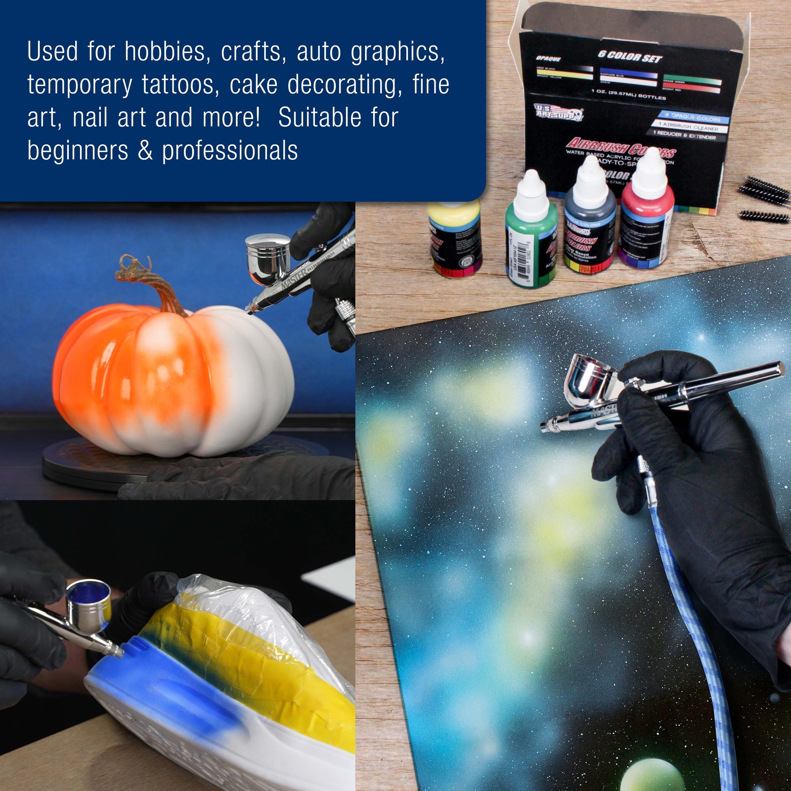3 Master Airbrush Pro Air Compressor Kit, 6 Primary Colors Acrylic Paint Set
