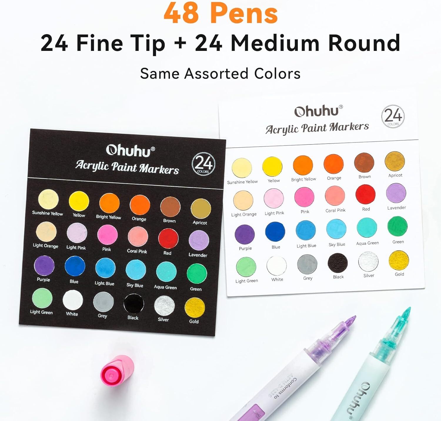 Ohuhu Acrylic Paint Markers, 48 Paint Pens Set of 24 Fine & 24 Round Tip