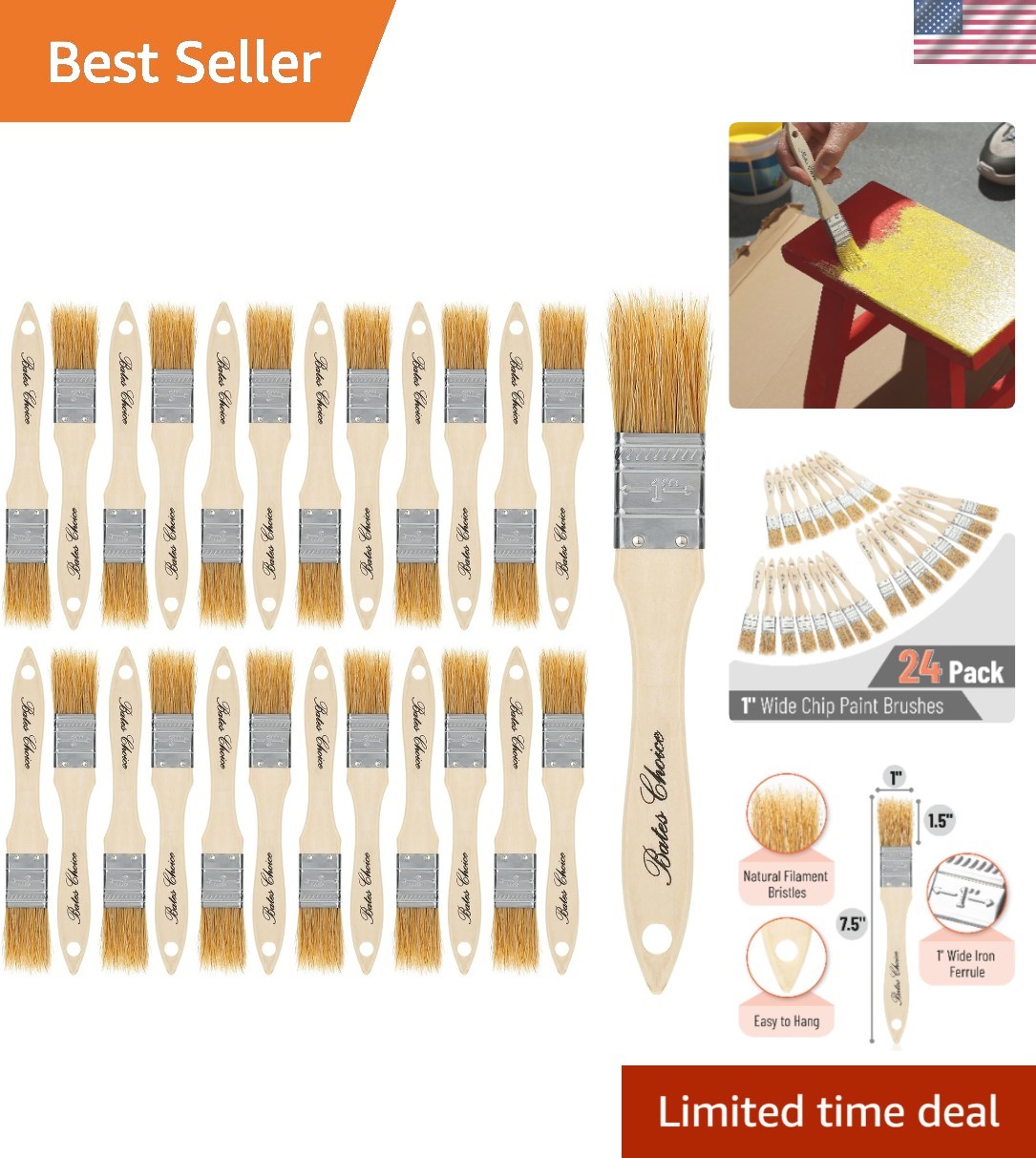 24-Pack Bates Paint Brushes, Natural Bristle, 1-Inch with Wood Handle