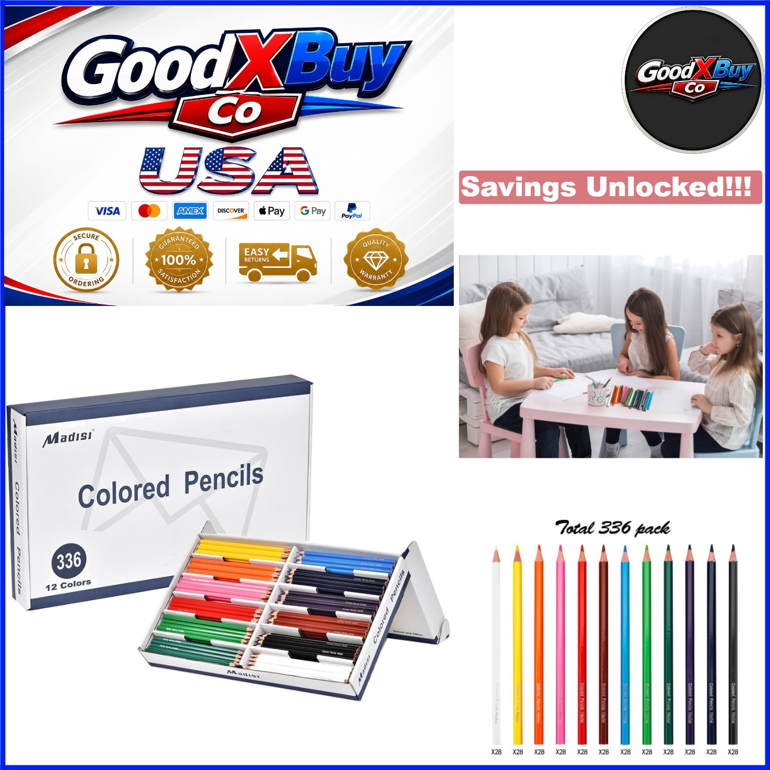336 Assorted Pre-Sharpened Colored Pencils Bulk Pack Kid Safe 12 Colors