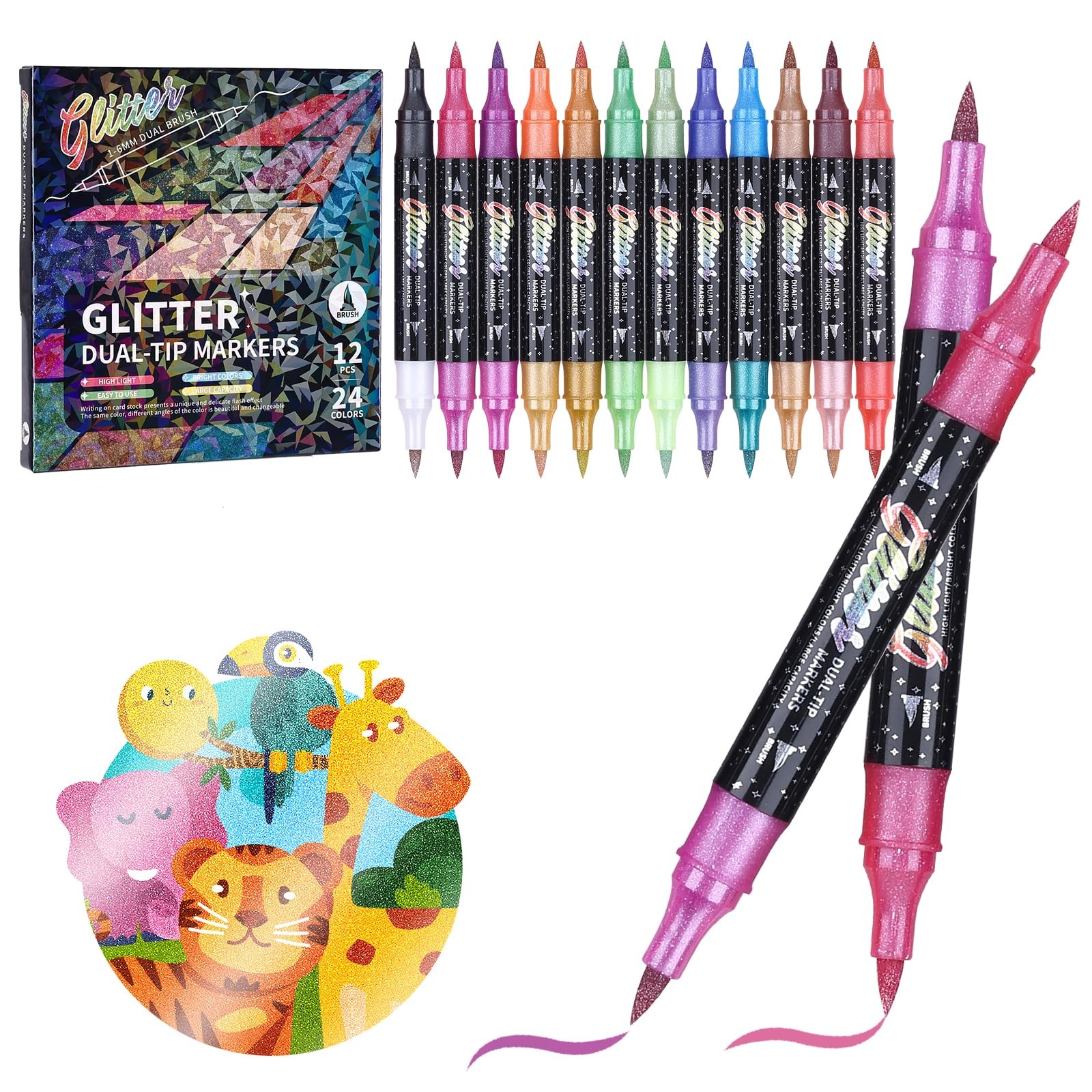 Glitter Effect Brush Markers Pens,24 Colors Dual Tip Glitter Pens Set 12 Pack…
