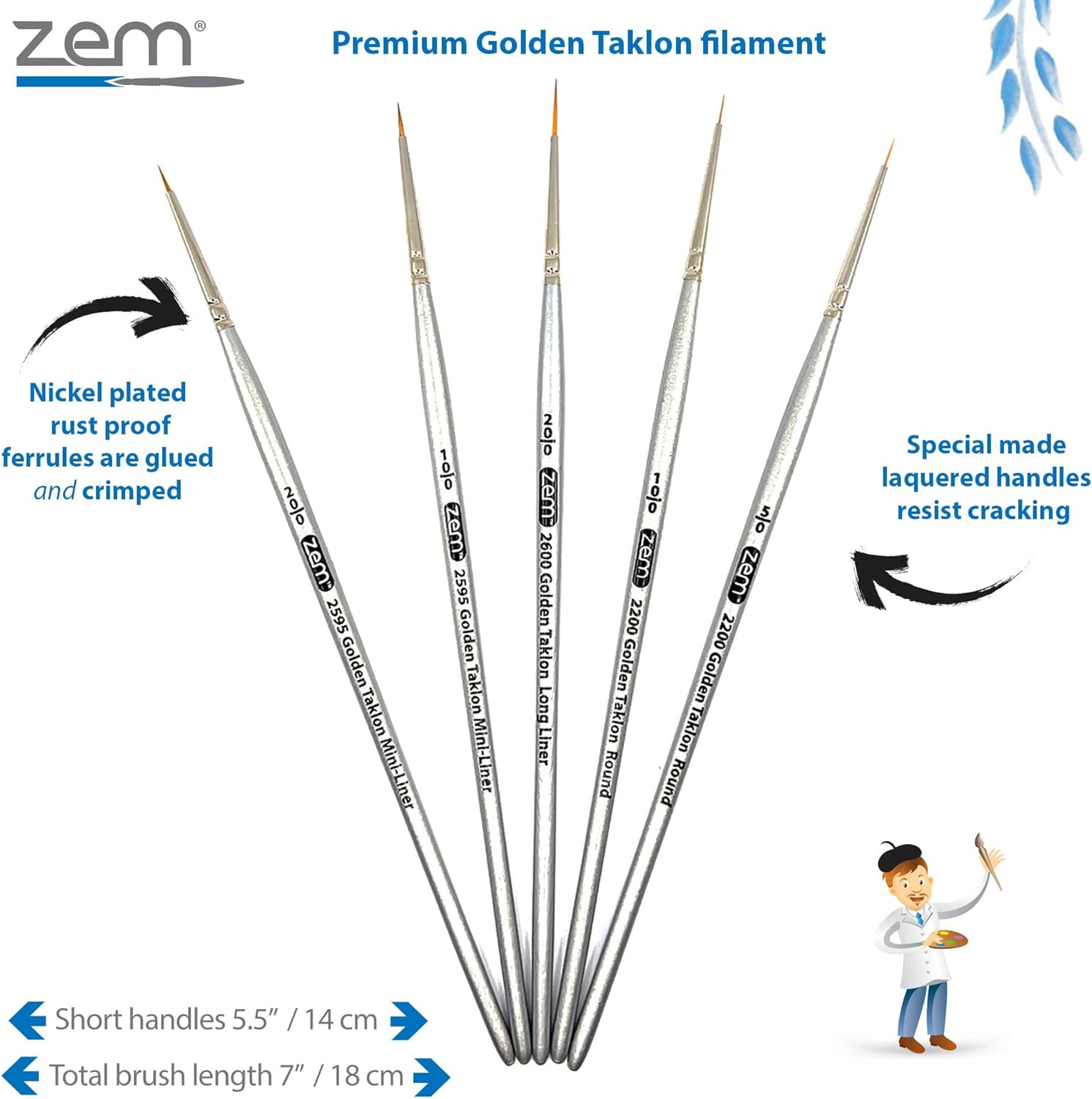 ZEM Brush Golden Taklon Miniature Detail Artist Brush Set Long Liner 20/0, Mini