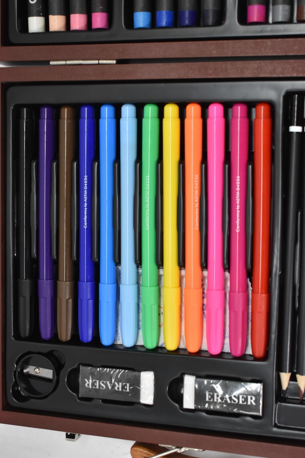 Personalized Faux Wood Case 80 Piece Art Set w Branded Name Walnut Storage