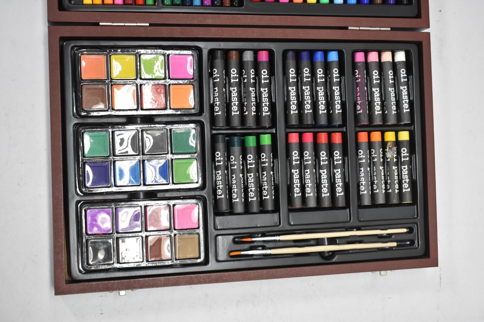 Personalized Faux Wood Case 80 Piece Art Set w Branded Name Walnut Storage