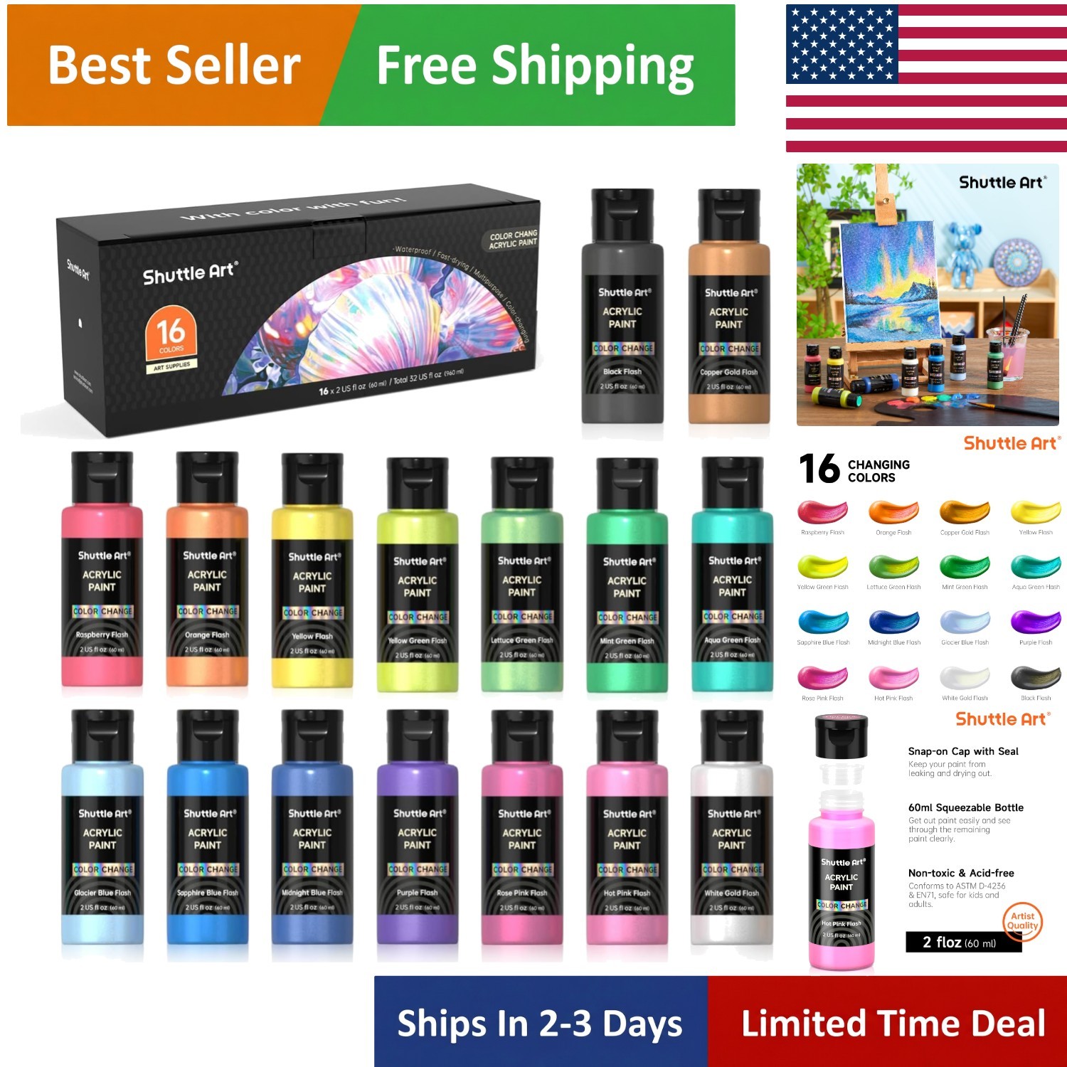 Vibrant 16-Color Acrylic Paint Set – Shimmering Non-Toxic Paints for All Ages