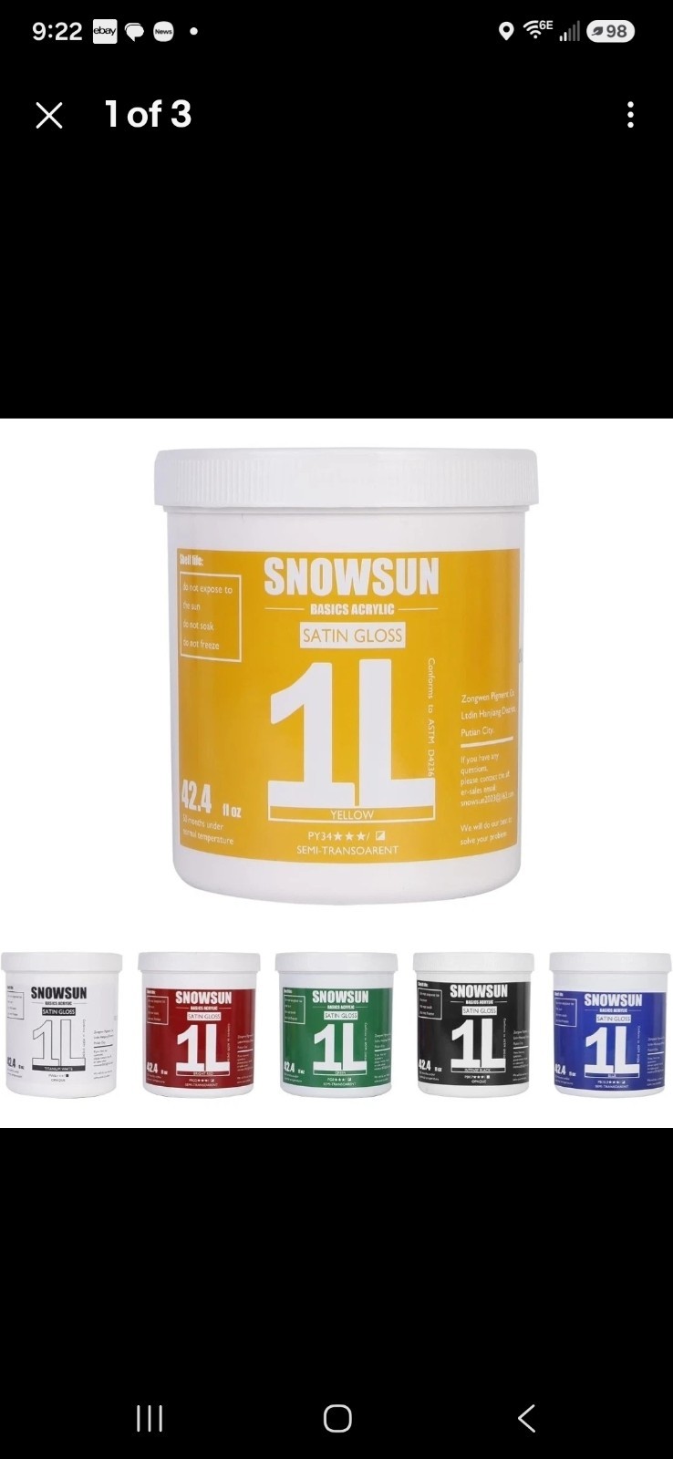 Acrylic Paint 6 Colors 1L/42.4 fl oz white,carbon black,red,yellow,green,blue