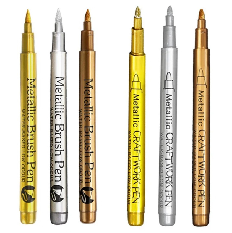6pcs Metallic Brush Paint Marker Pens Gold & Silver Permanent Art Set – NEW