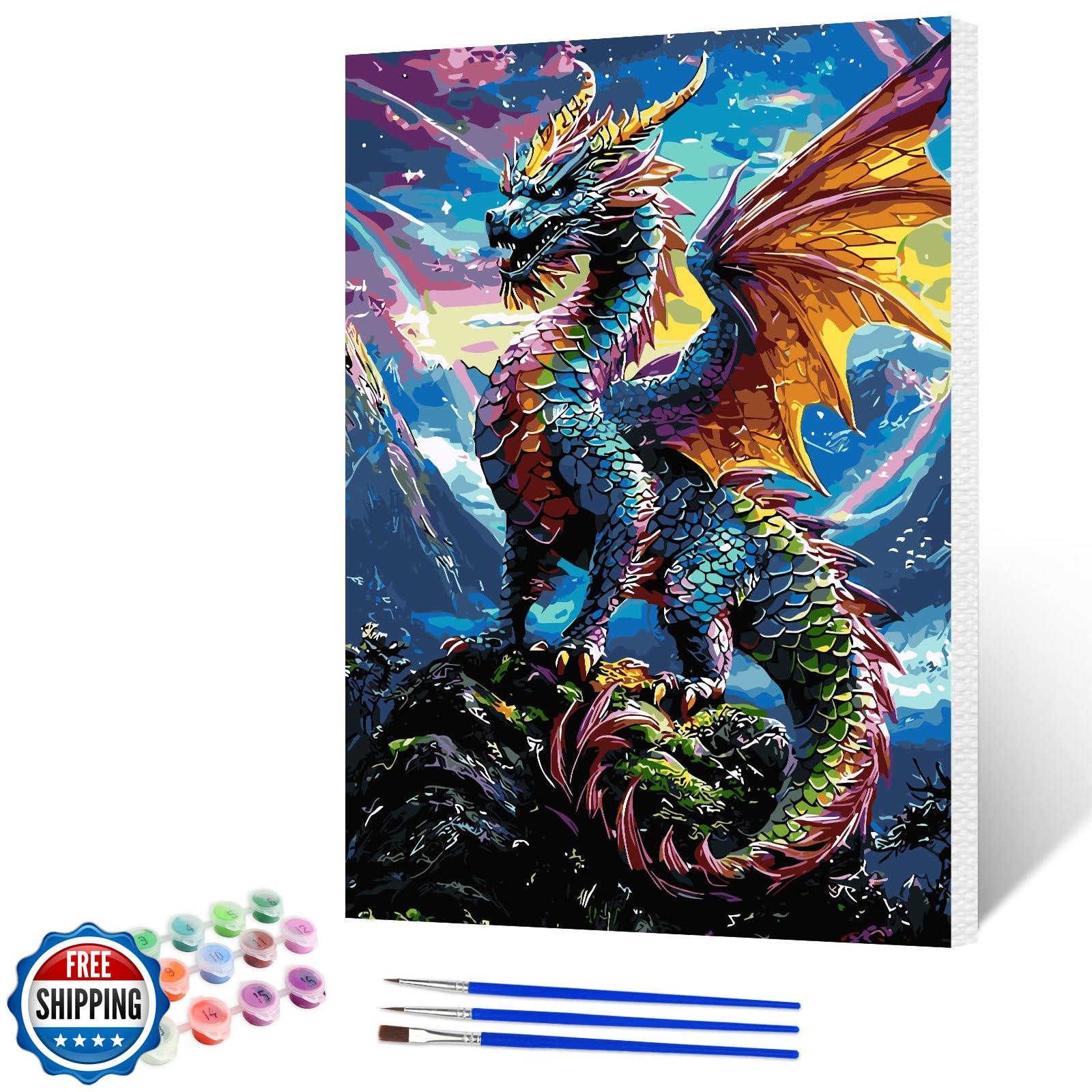NAIMOER Colourful Dragons Paint by Numbers Kits for Adults Beginner with Wood