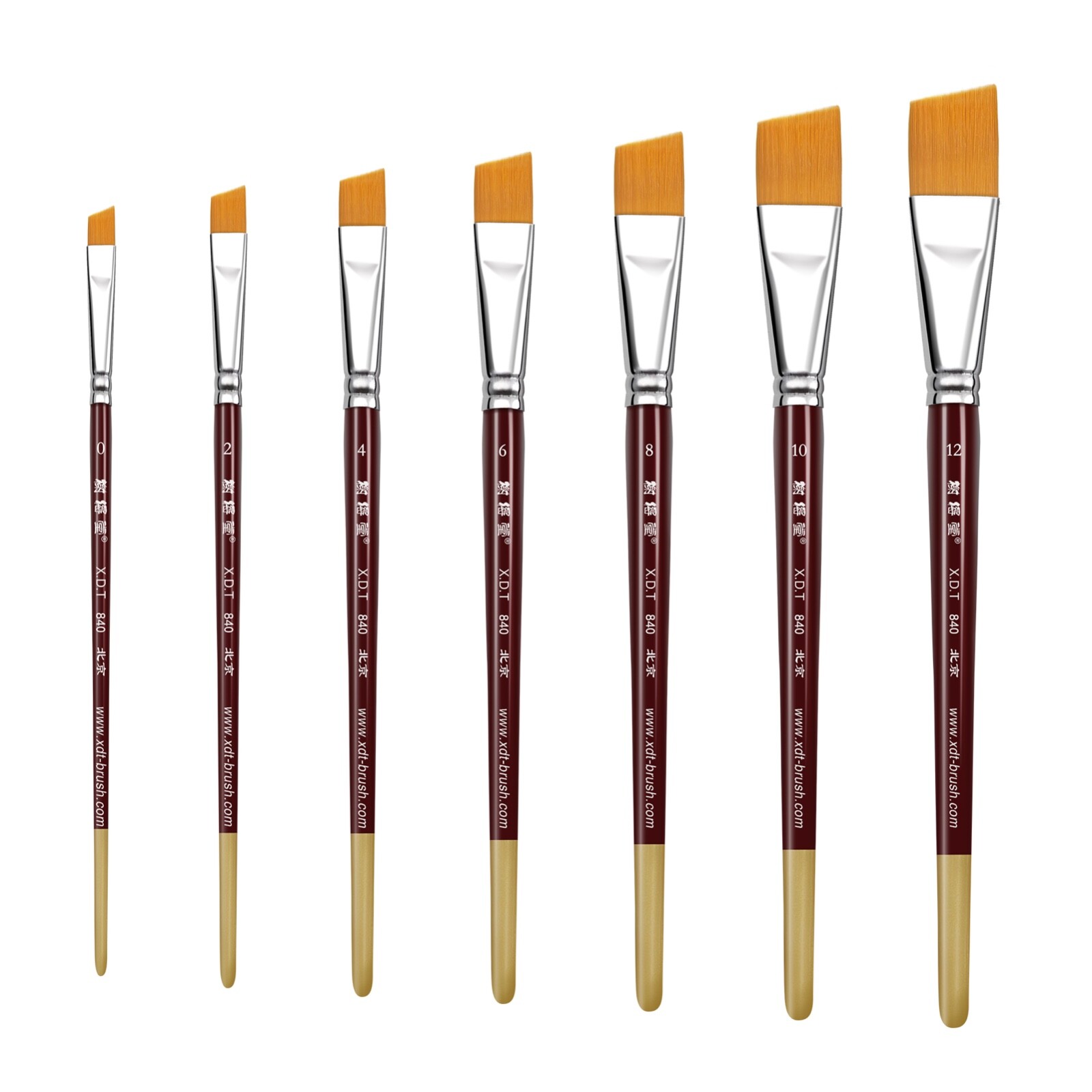 XDT#840-1 Angle Art Brush Set 7Pc #0#2#4#6#8#10#12 Nylon Acrylic Oil Watercolor