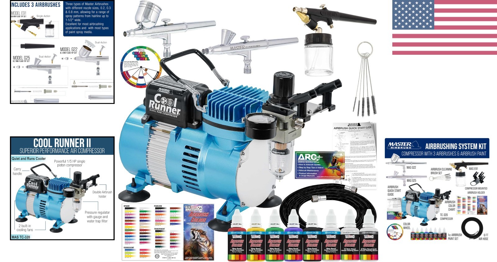 Cool Runner II Air Brush System: Dual Fan Compressor with 6 Acrylic Colors & Kit