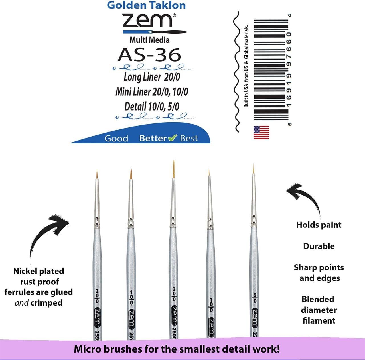 ZEM Brush Golden Taklon Miniature Detail Artist Brush Set Long Liner 20/0, Mini