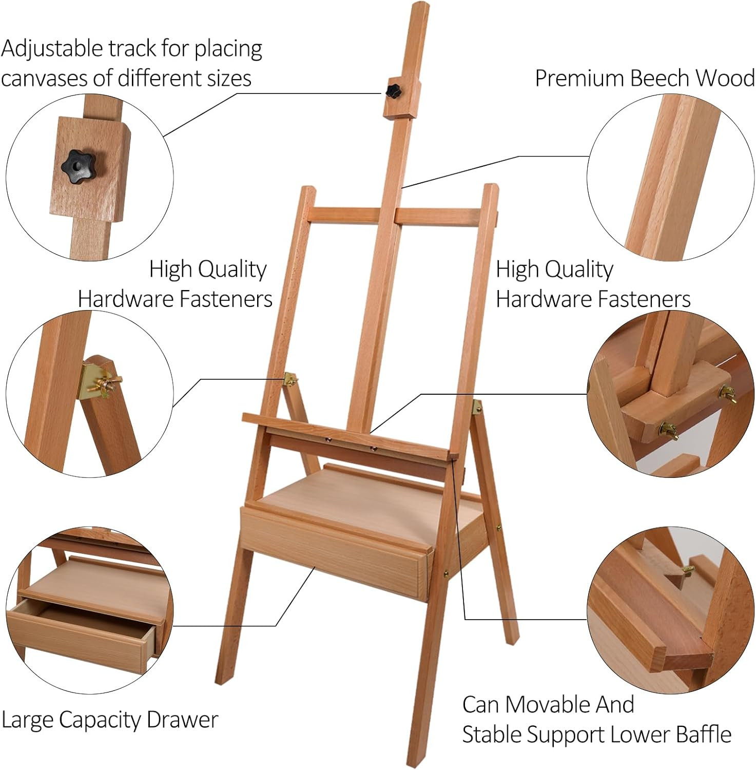Studio Easel with Storage Mast Adjustable to 75″ Hold Canvas up to 41″ Beechwood