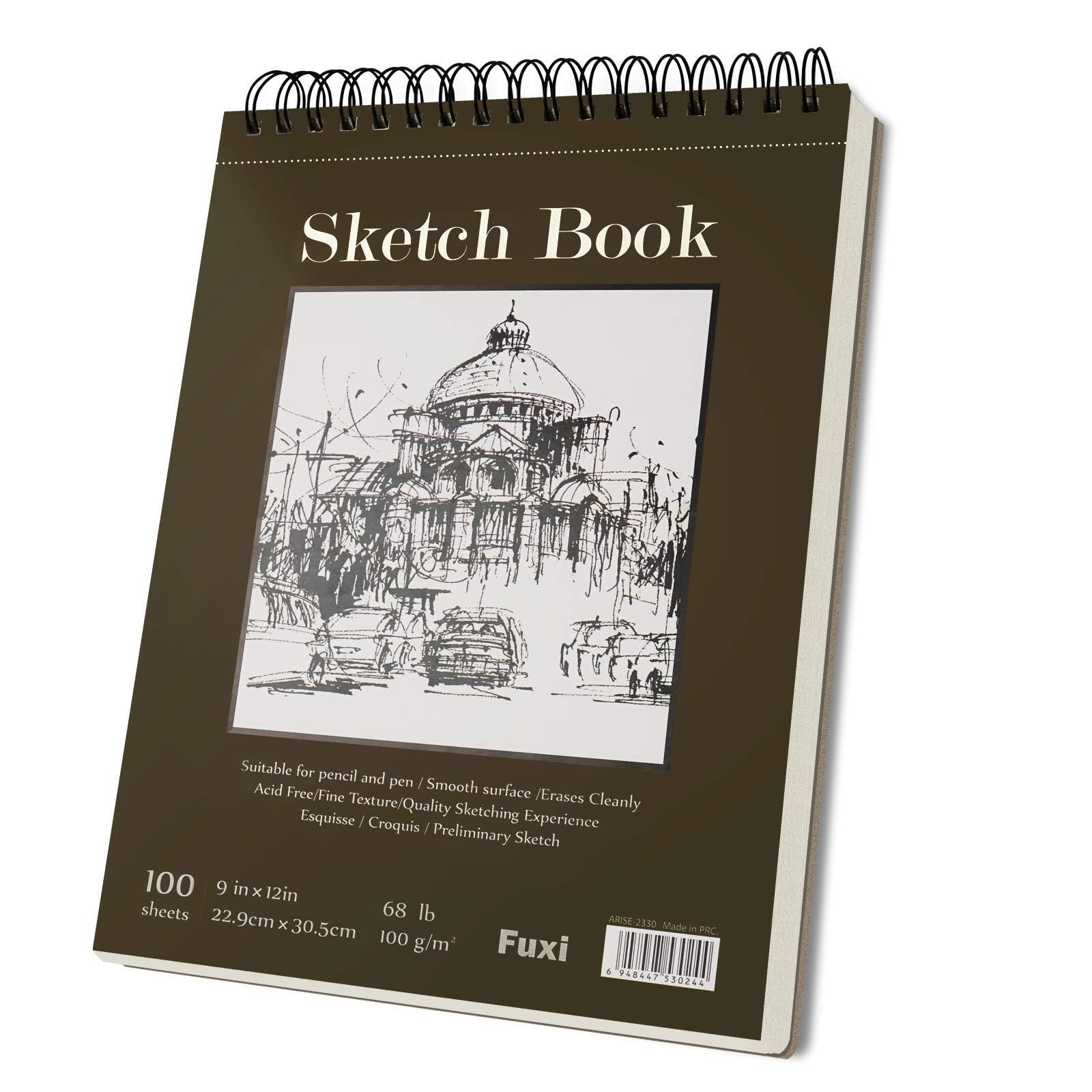 Durable Fuxi 9×12″ Top Spiral Sketchbook, 100 AcidFree 68lb Sheets, Artists