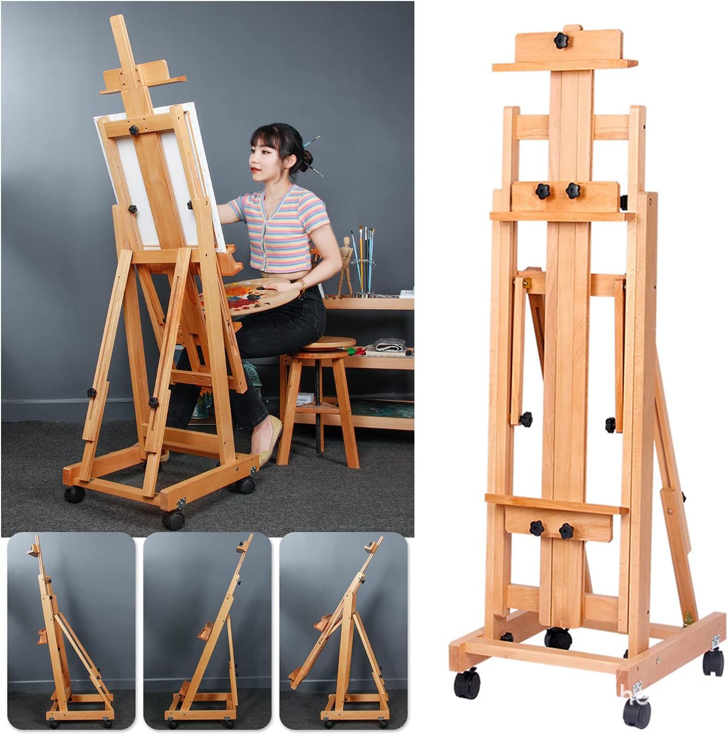 Painters H-Frame Wooden Easel Adjustable Artist Floor Easel Stand Up to 87in