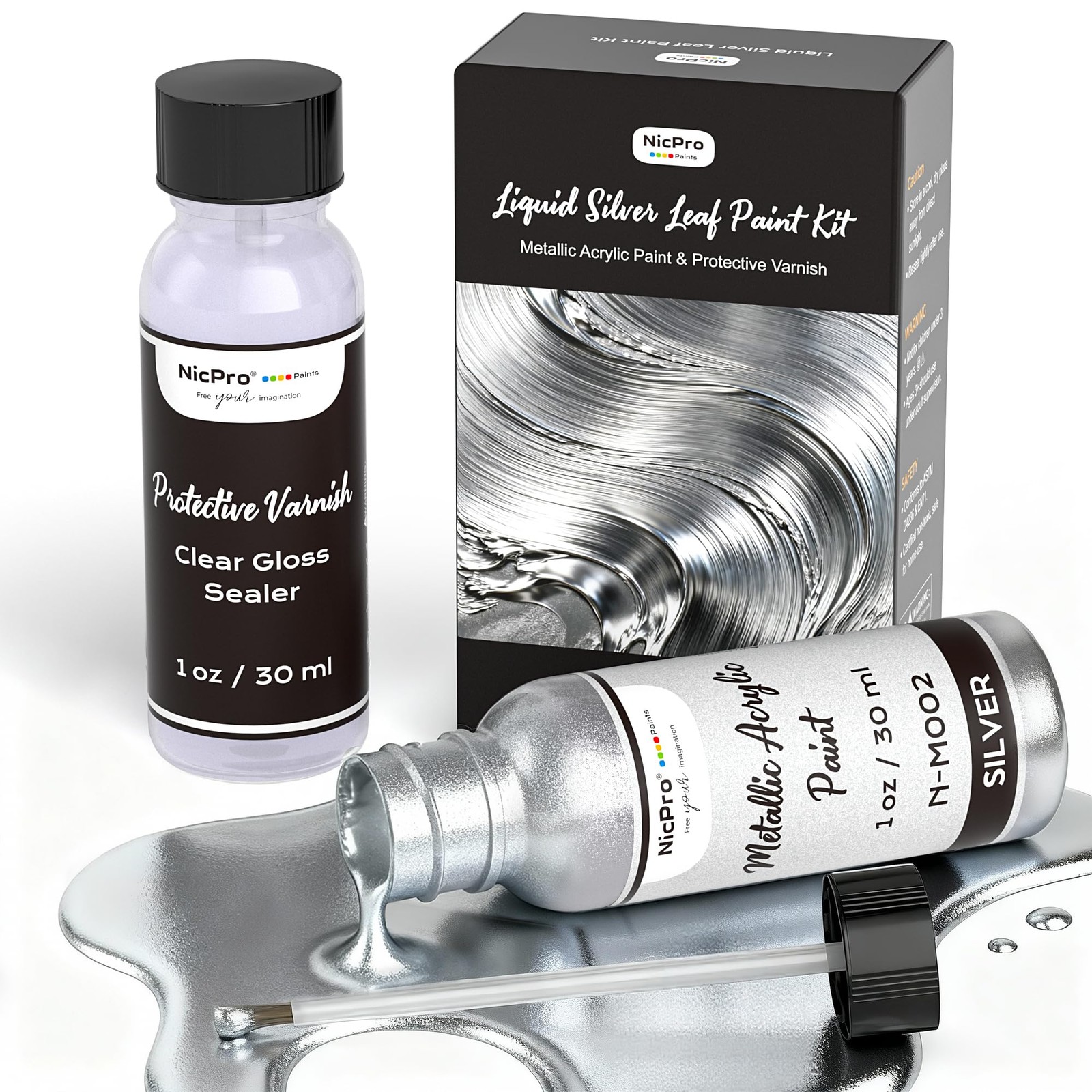 Liquid Silver Leaf Paint Kit (2 × 1oz/30ml), Metallic Silver Acrylic Paint