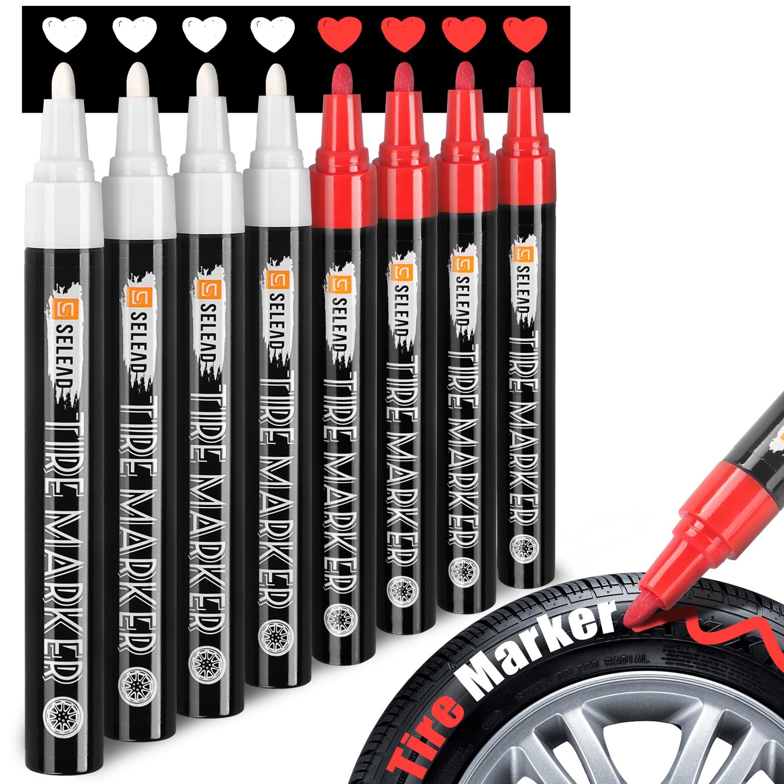 Tire Marker White Red – 8 Pack Paint Pens for Car Tires Lettering, Premium Profe