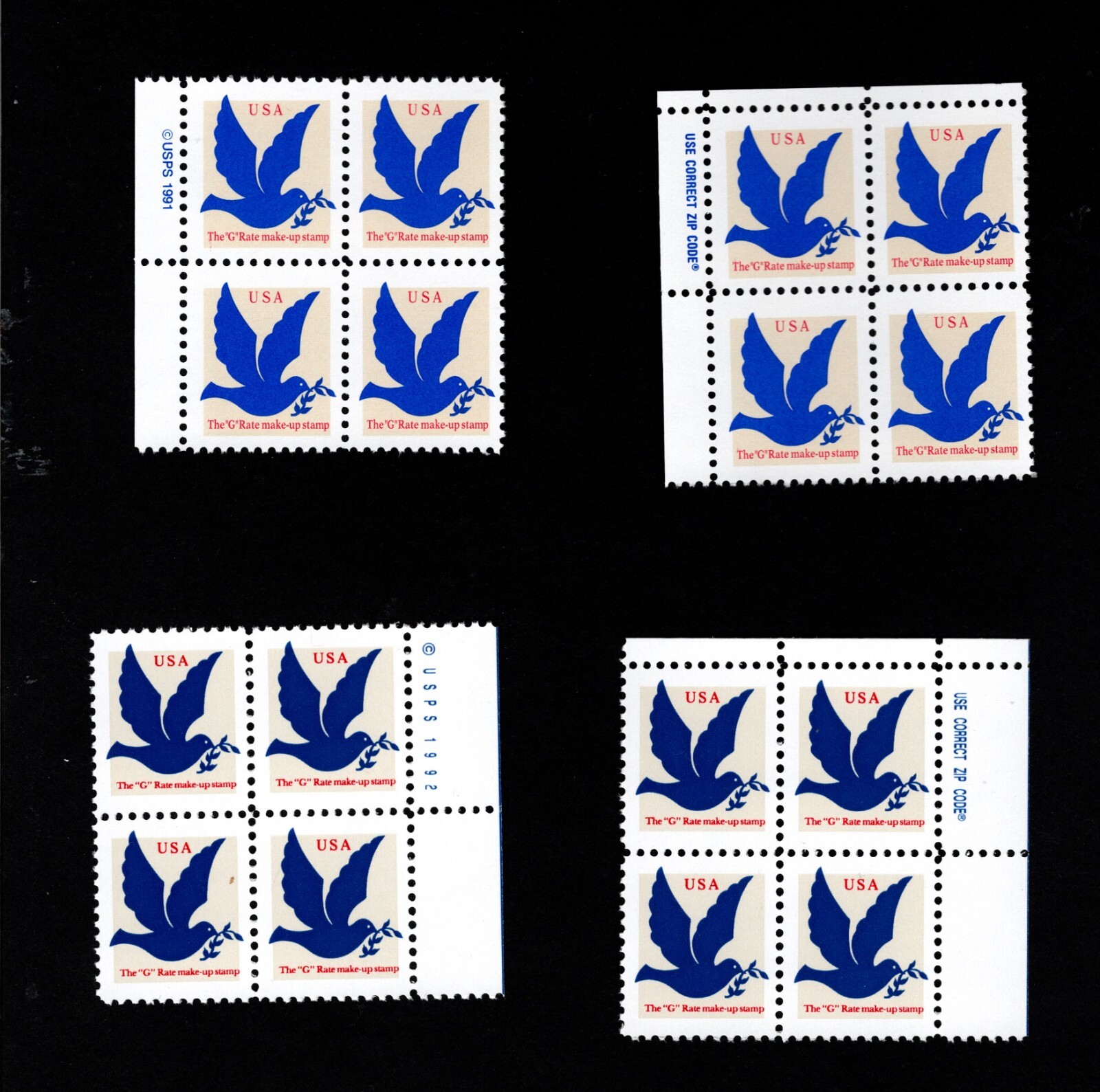 1994 – Choice of Light/Dark Dove Non-Denom Zip and USPS Blocks! MNH US Stamps!