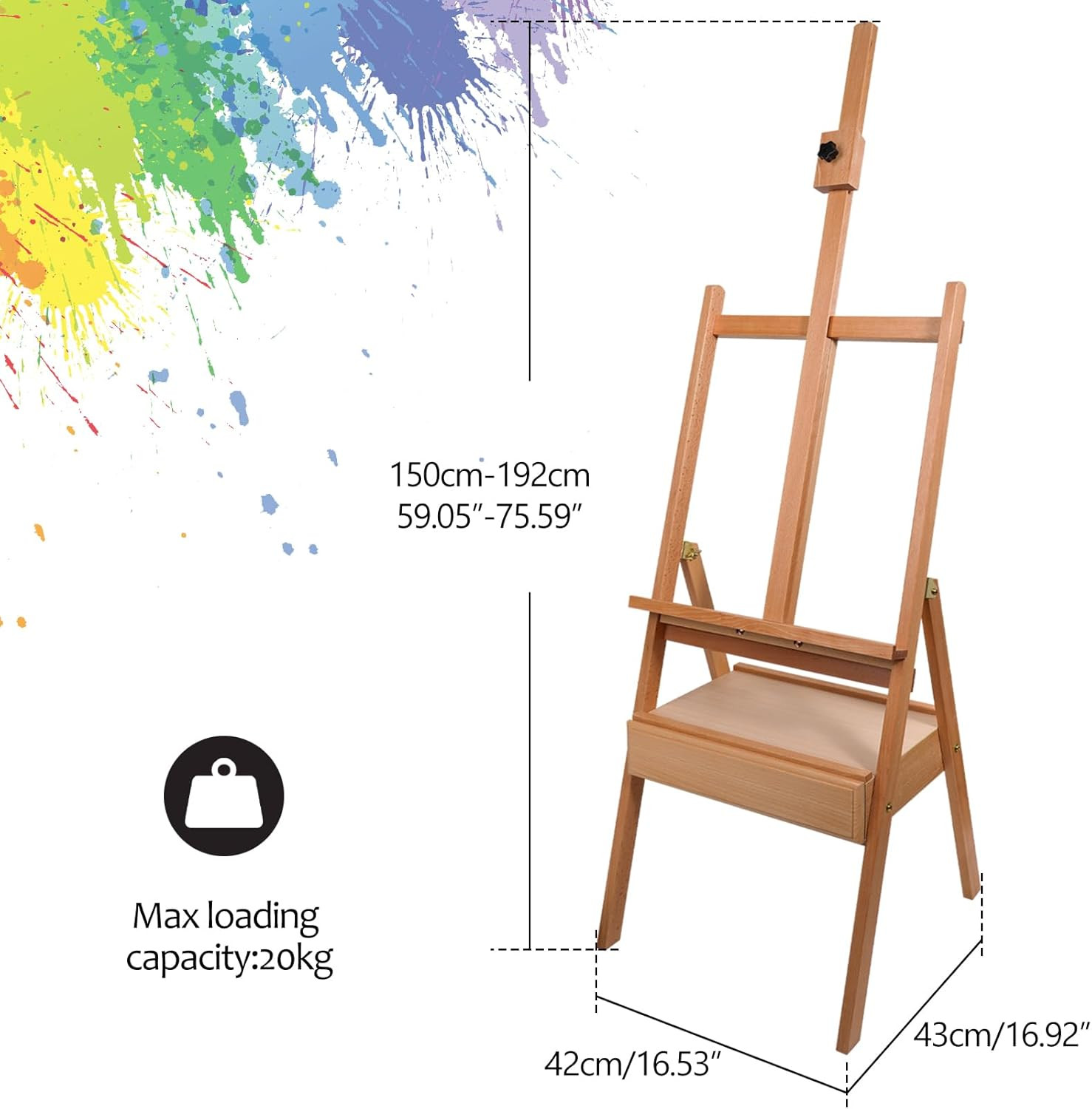 Studio Easel with Storage Mast Adjustable to 75″ Hold Canvas up to 41″ Beechwood