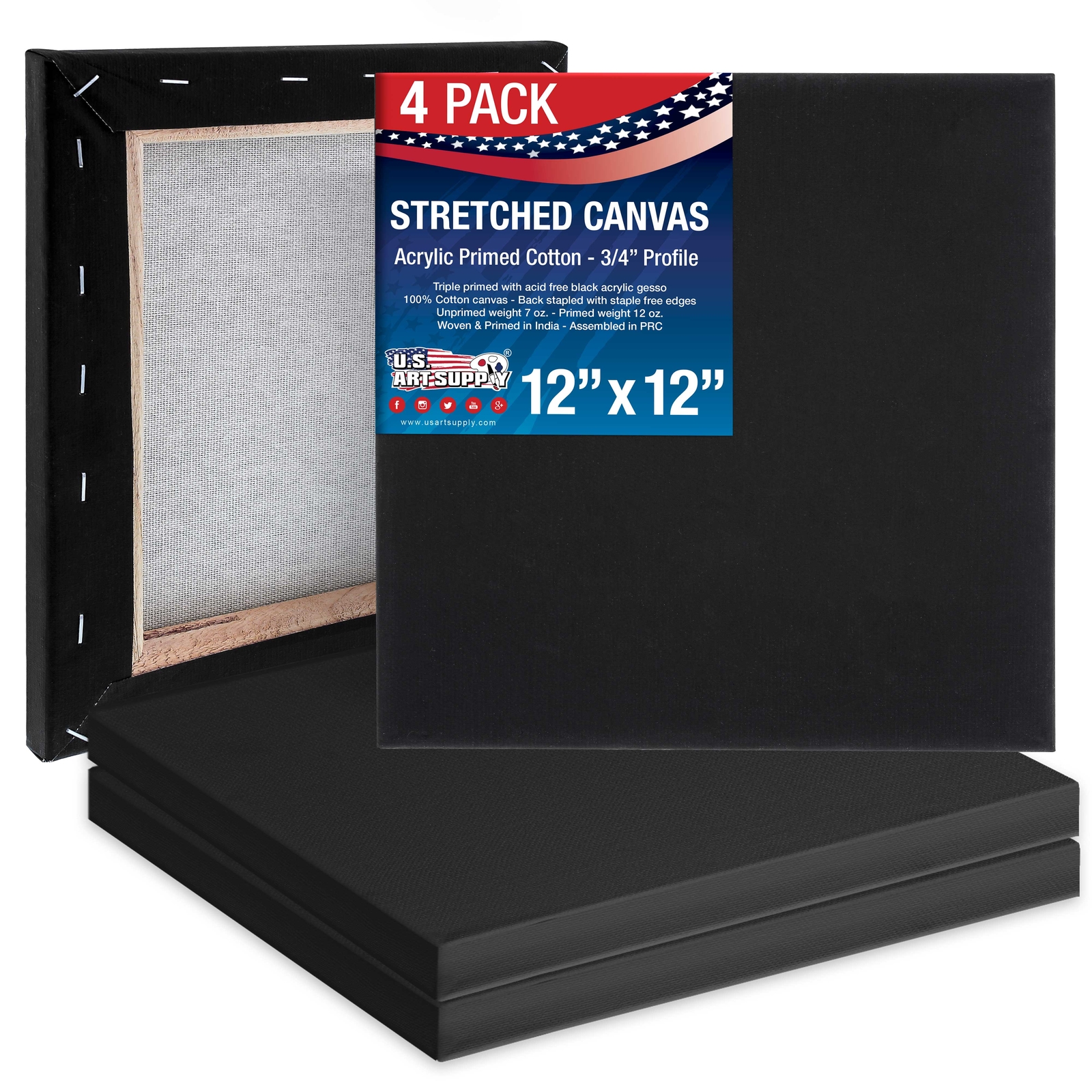 12″ x 12″ Black Acid Free Stretched Canvas 4-Pack – 5/8 Profile Primed Gesso