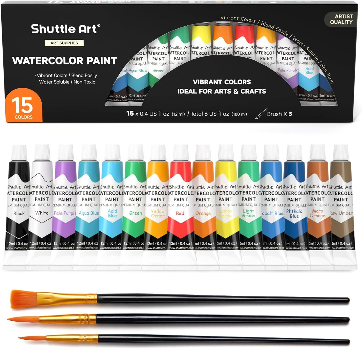 Watercolor Paint Set, 15 Colors Watercolor Paint in Tubes (12ml Each) with 3 Bru
