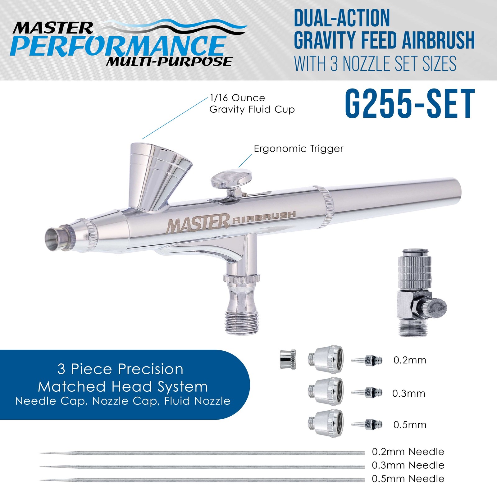 3 Tip MASTER G255 Dual-Action AIRBRUSH PRO SET KIT Auto Paint Nail Tattoo Hobby